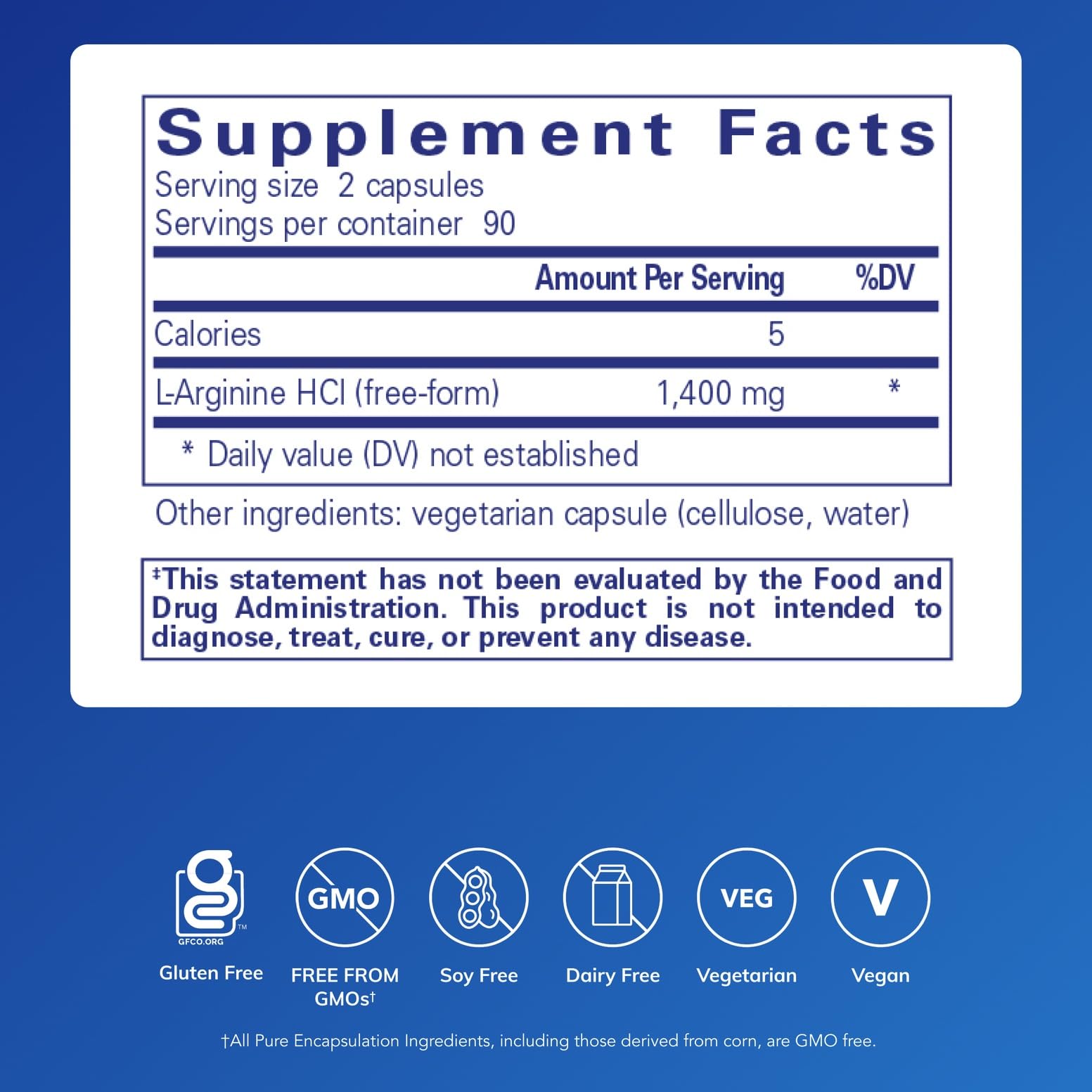 Pure Encapsulations L-Arginine: capsules pour une utilisation quotidienne au dosage 1,400 mg.