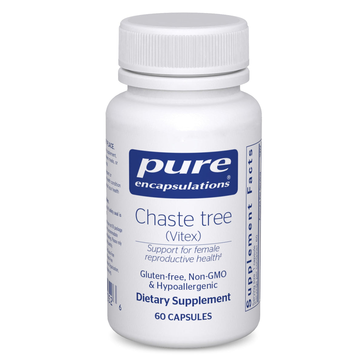 Pure Encapsulations Chaste Tree – bouteille claire prête à l’emploi et suggérant un soutien du cycle menstruel.