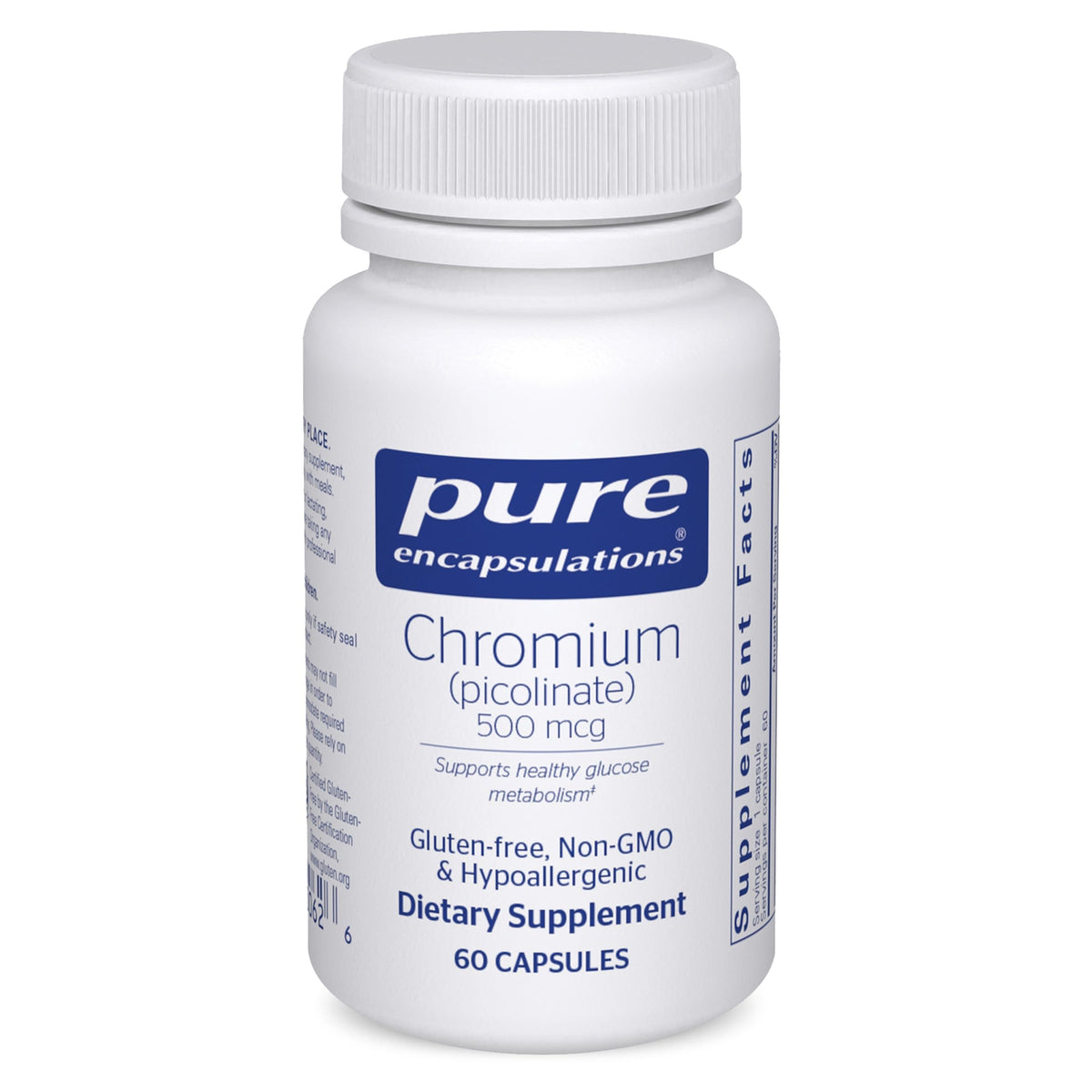 Pure Encapsulations Chromium Picolinate 500 mcg en bouteille, soutien potentiel au métabolisme.