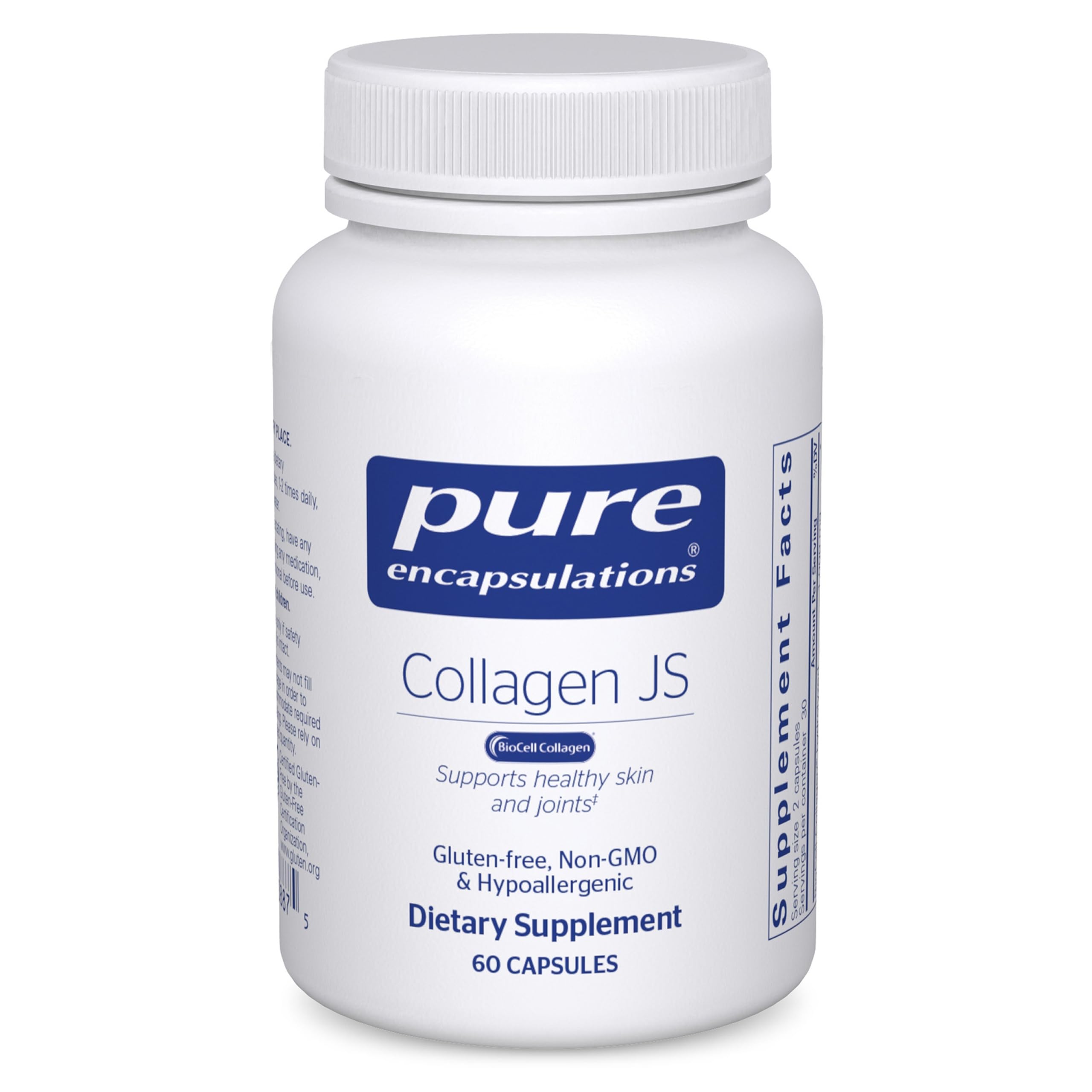 Pure Encapsulations Collagen JS: bouteille visible, soutien potentiel des articulations et de la peau.