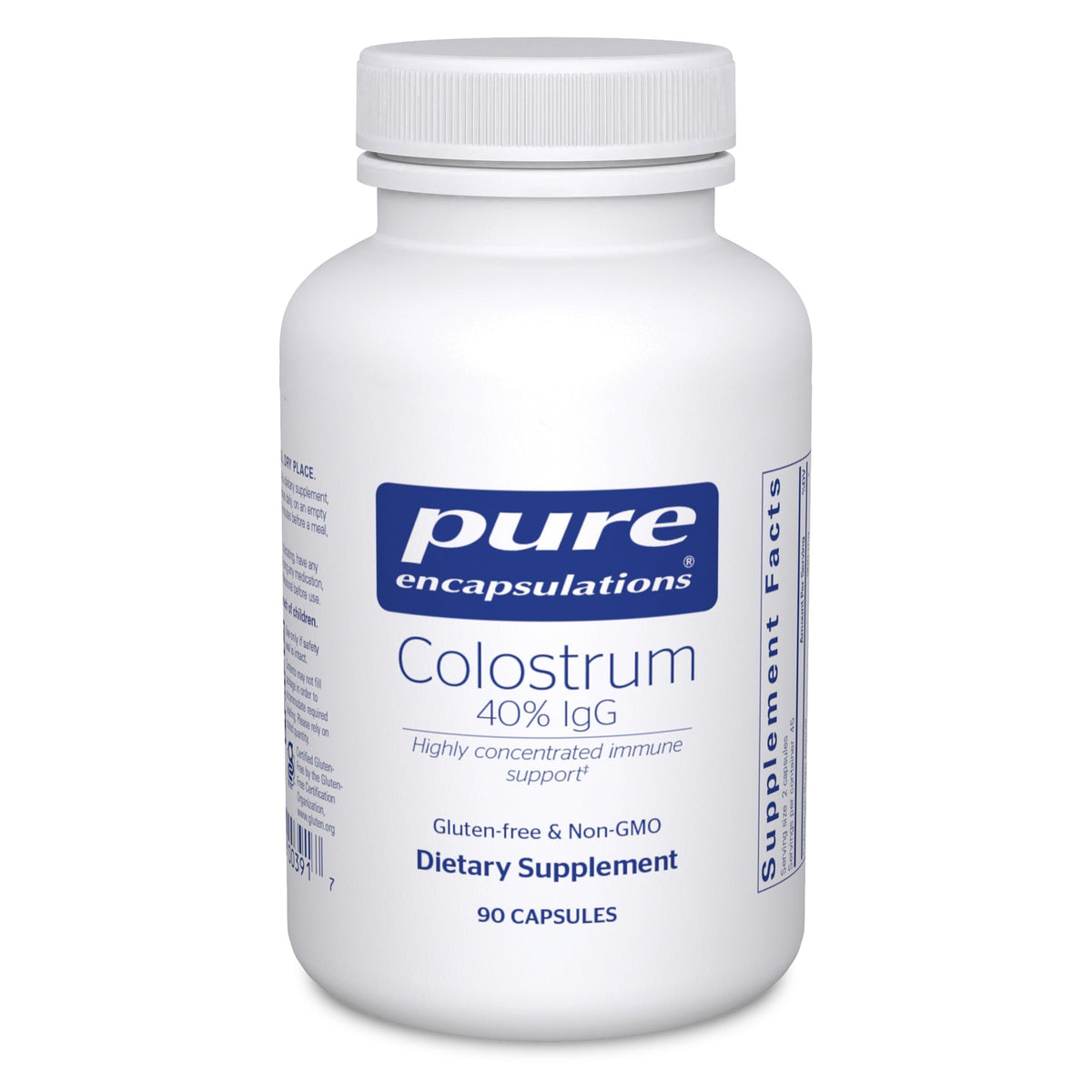 Colostrum Pure Encapsulations: bouteille de 90 gélules prête à usage quotidien.