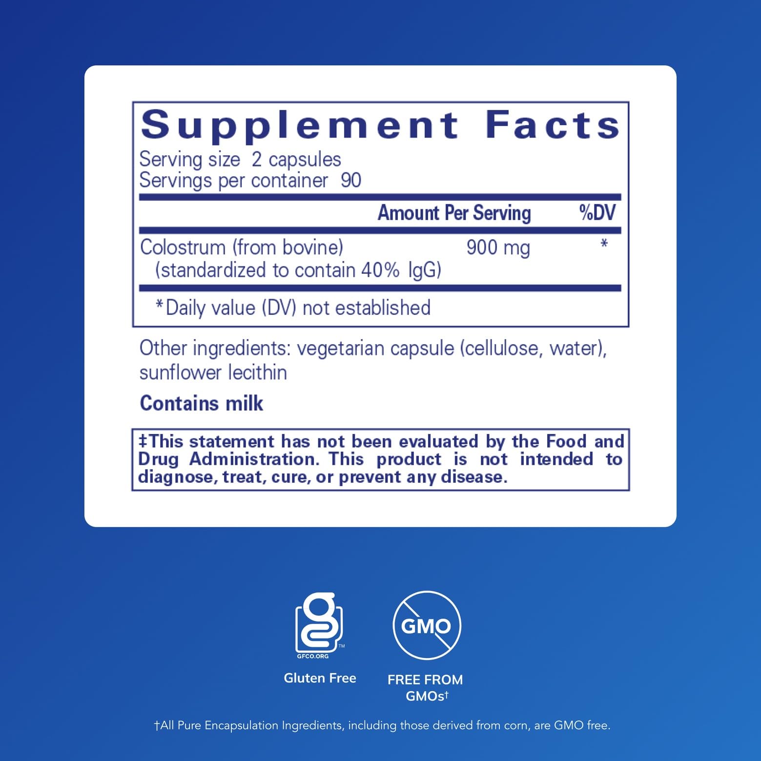 Pure Encapsulations Colostrum, capsules igg-40 : utilisation journalière pour les défenses.