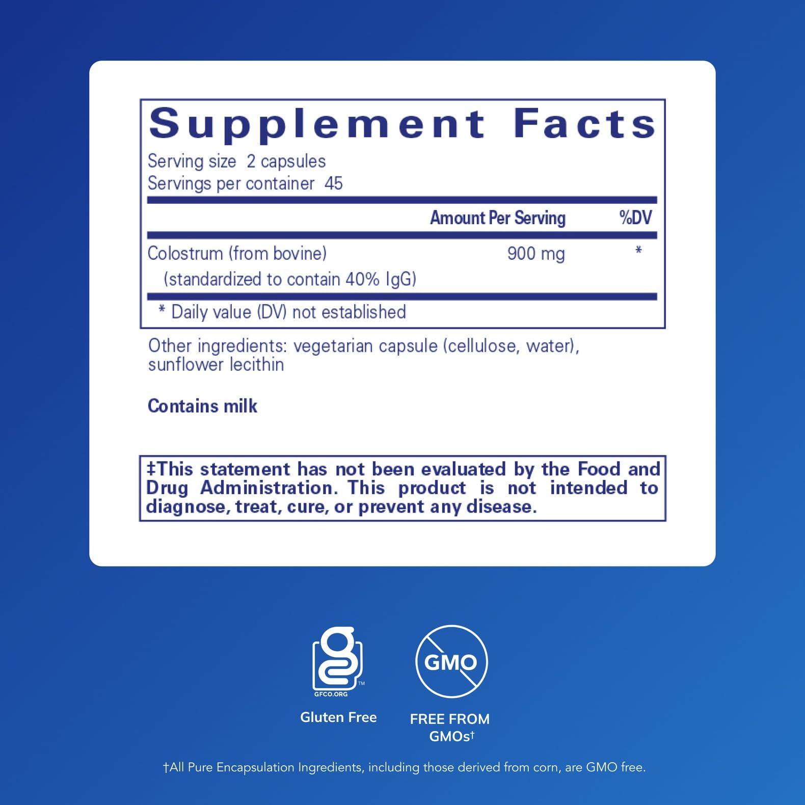 Gélules Colostrum Pure Encapsulations pour un soutien immunitaire pratique.