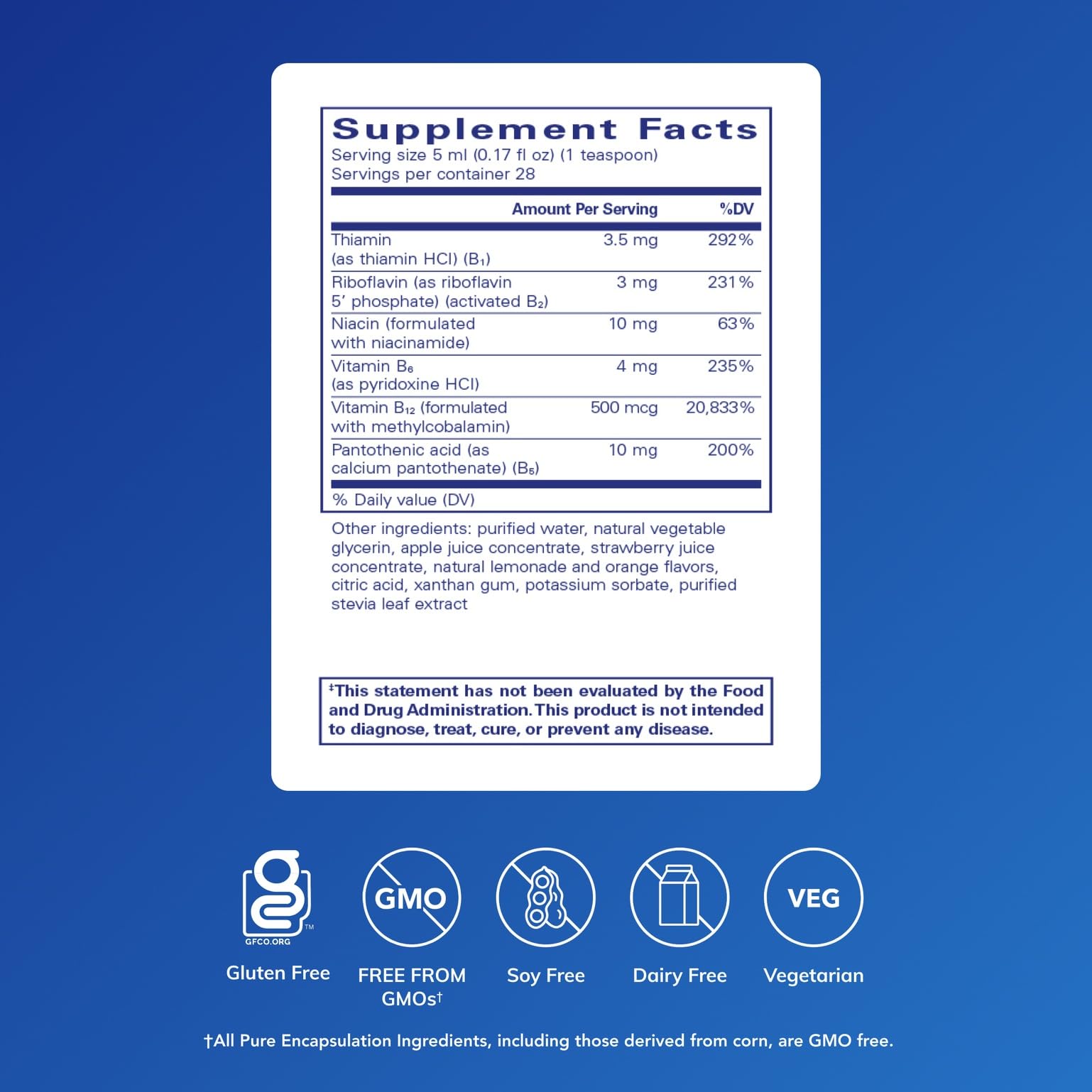 Pure Encapsulations Complexe-B liquide : goutte-pipette en gros plan, absorption rapide