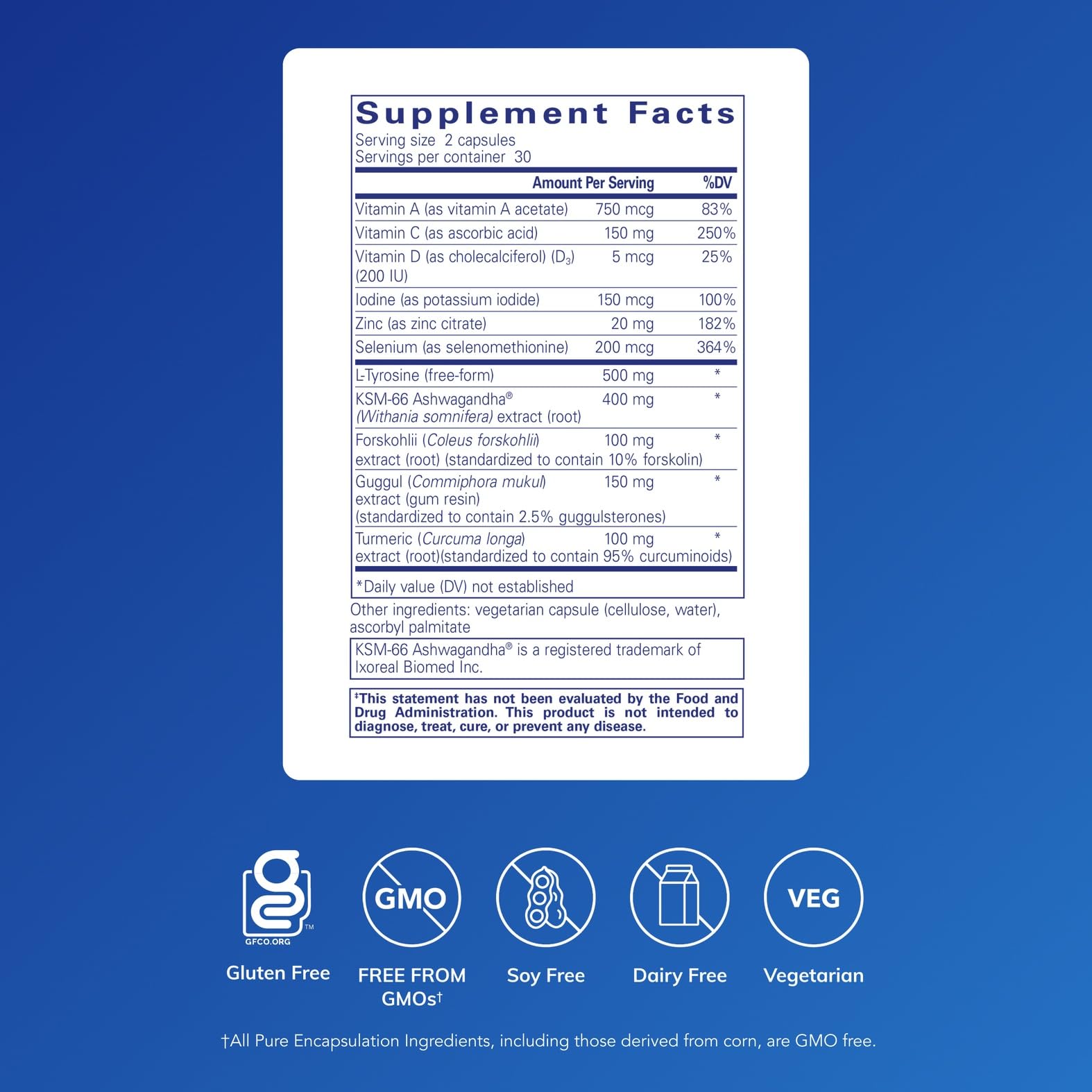 Gélules Pure Encapsulations Complexe thyroïdien, faciles à avaler et pratiques.