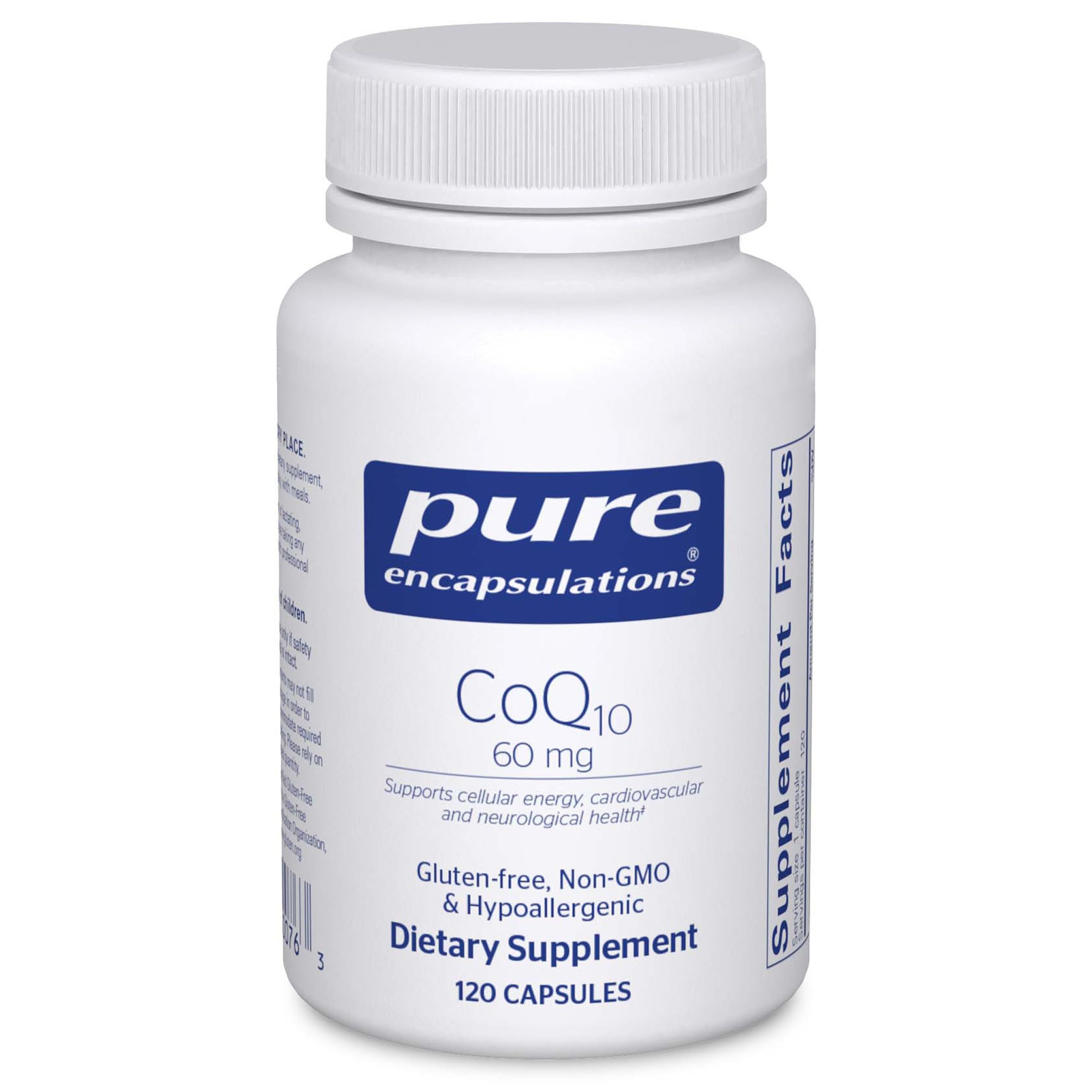 Pure Encapsulations CoQ10, bouteille de gélules montrant l’énergie potentielle et le soutien cardiovasculaire.