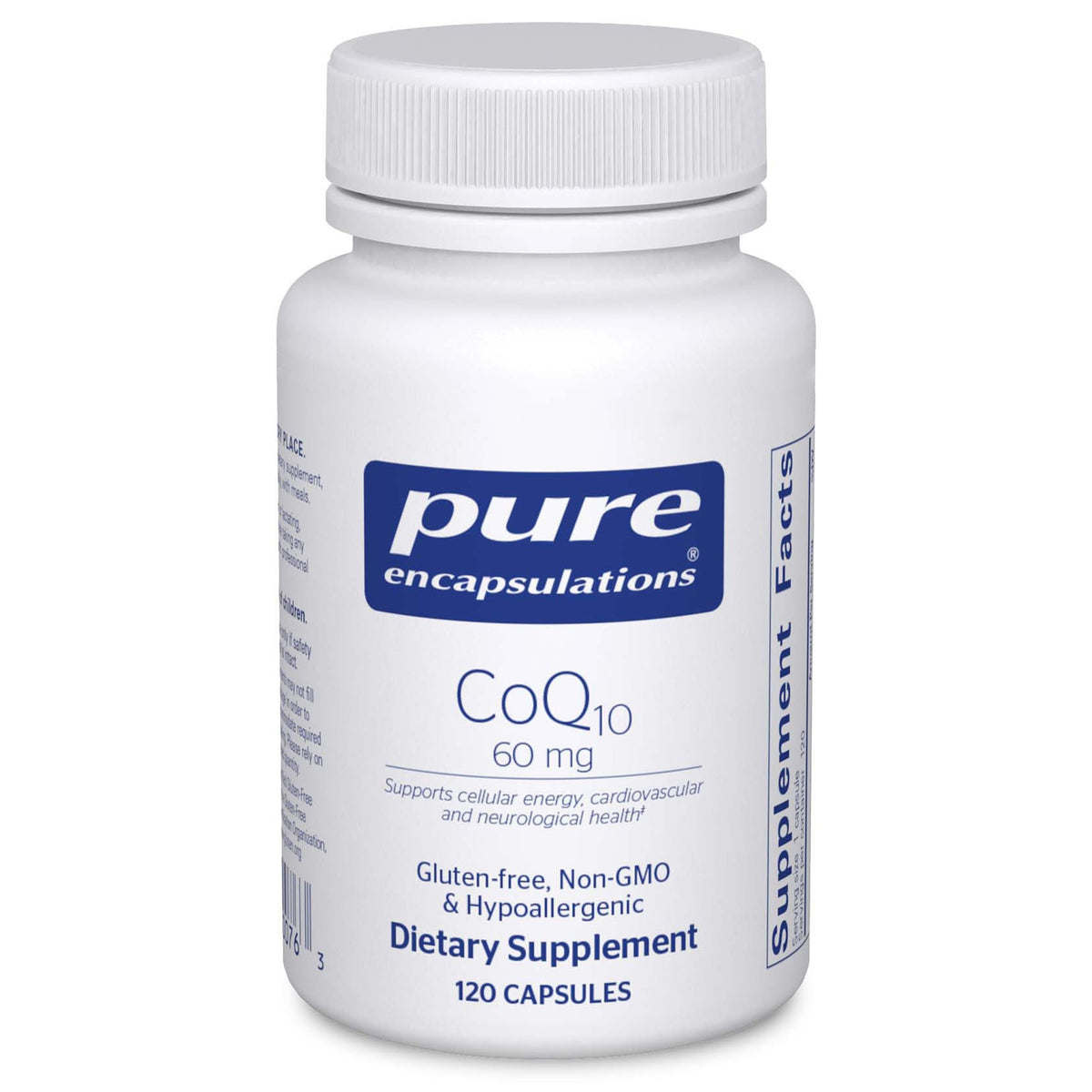 Pure Encapsulations CoQ10, bouteille de gélules montrant l’énergie potentielle et le soutien cardiovasculaire.