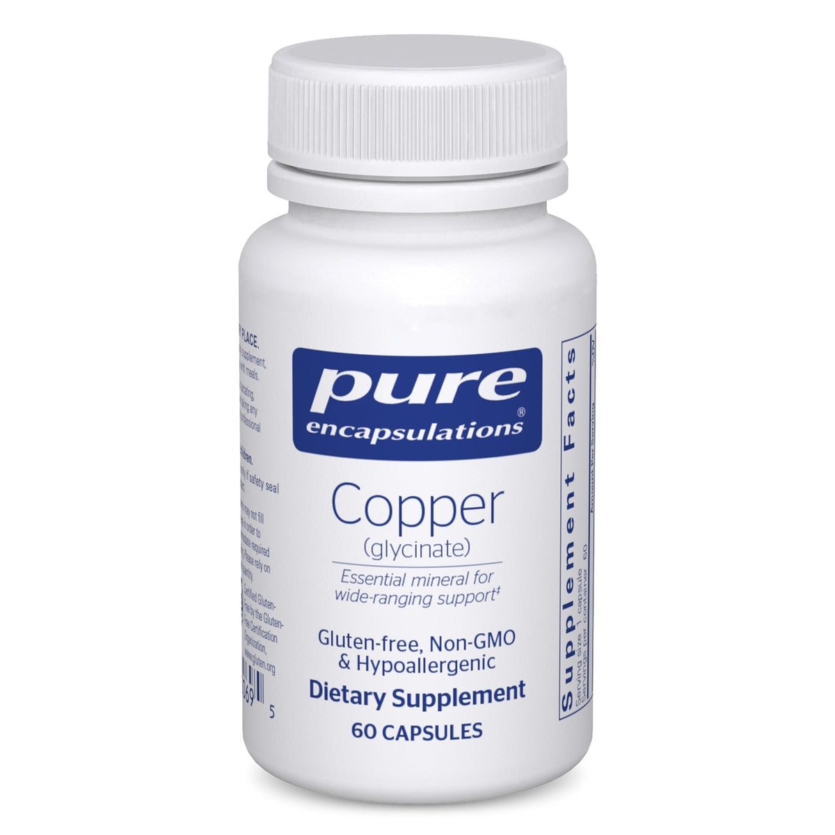 Pure Encapsulations cuivre glycinate capsules sur boîte, intégration facile à la routine.