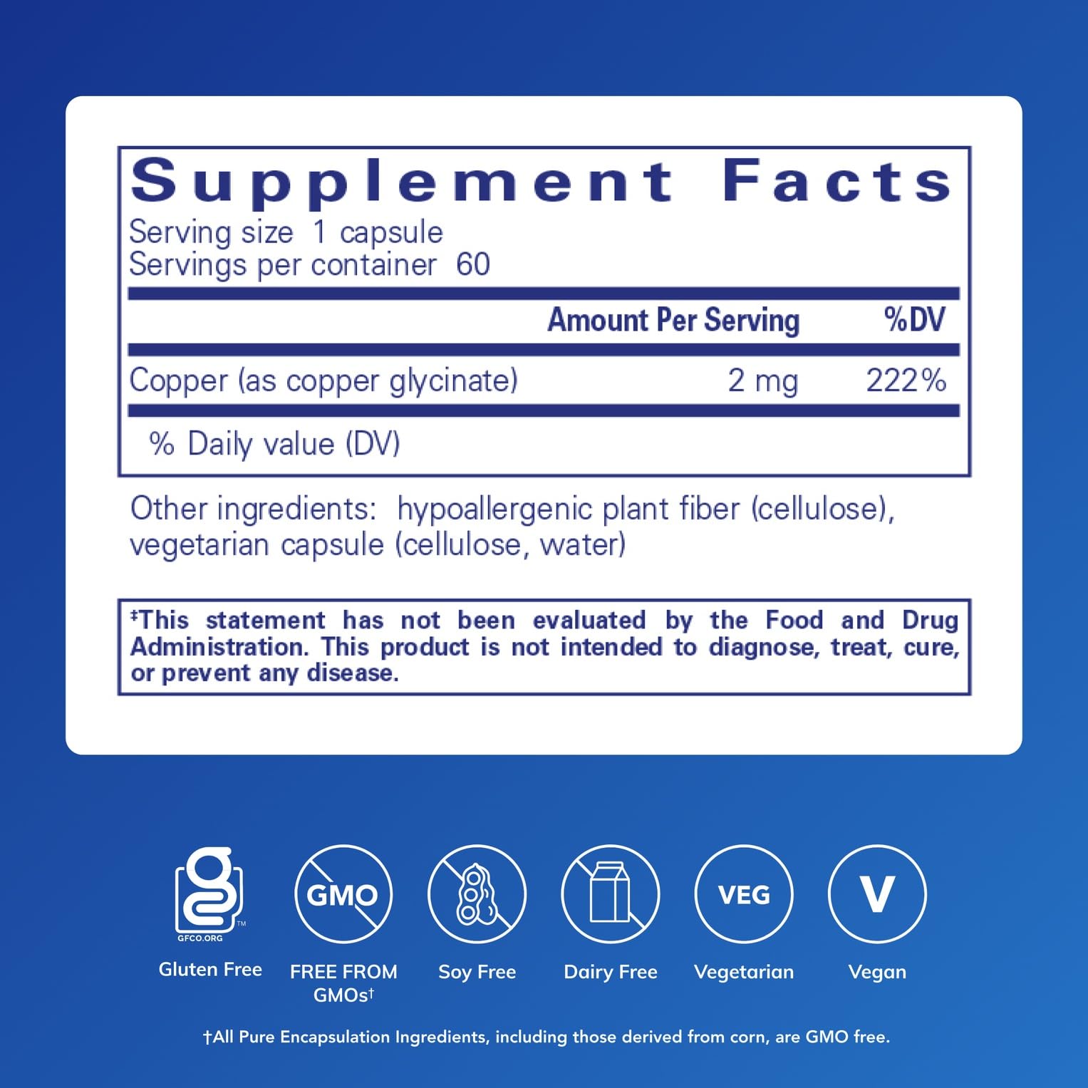 Étiquette Pure Encapsulations cuivre glycinate, informations claires et sans allergènes.