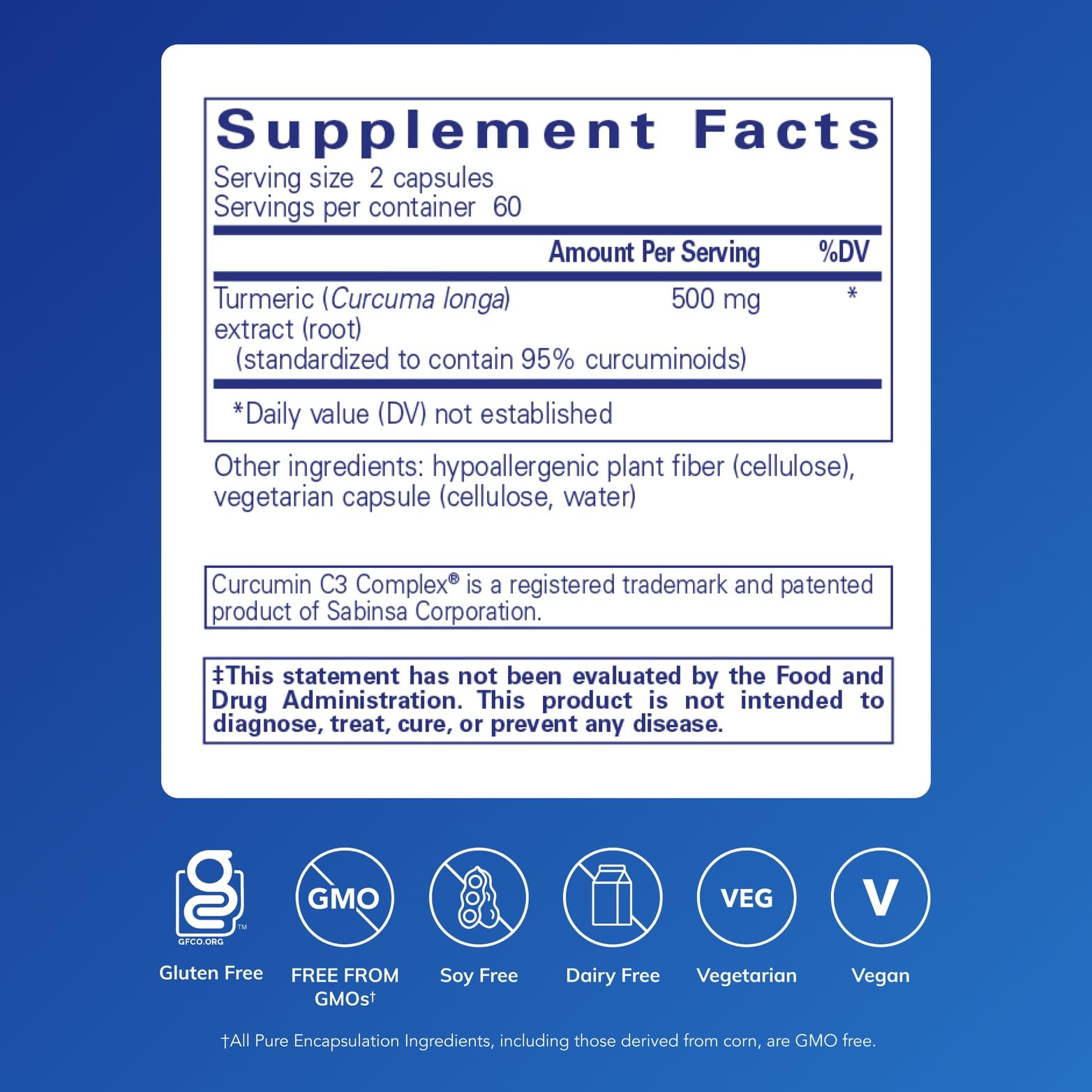 Étiquette Pure Encapsulations Curcumin sans additifs pour un choix clair et sûr.