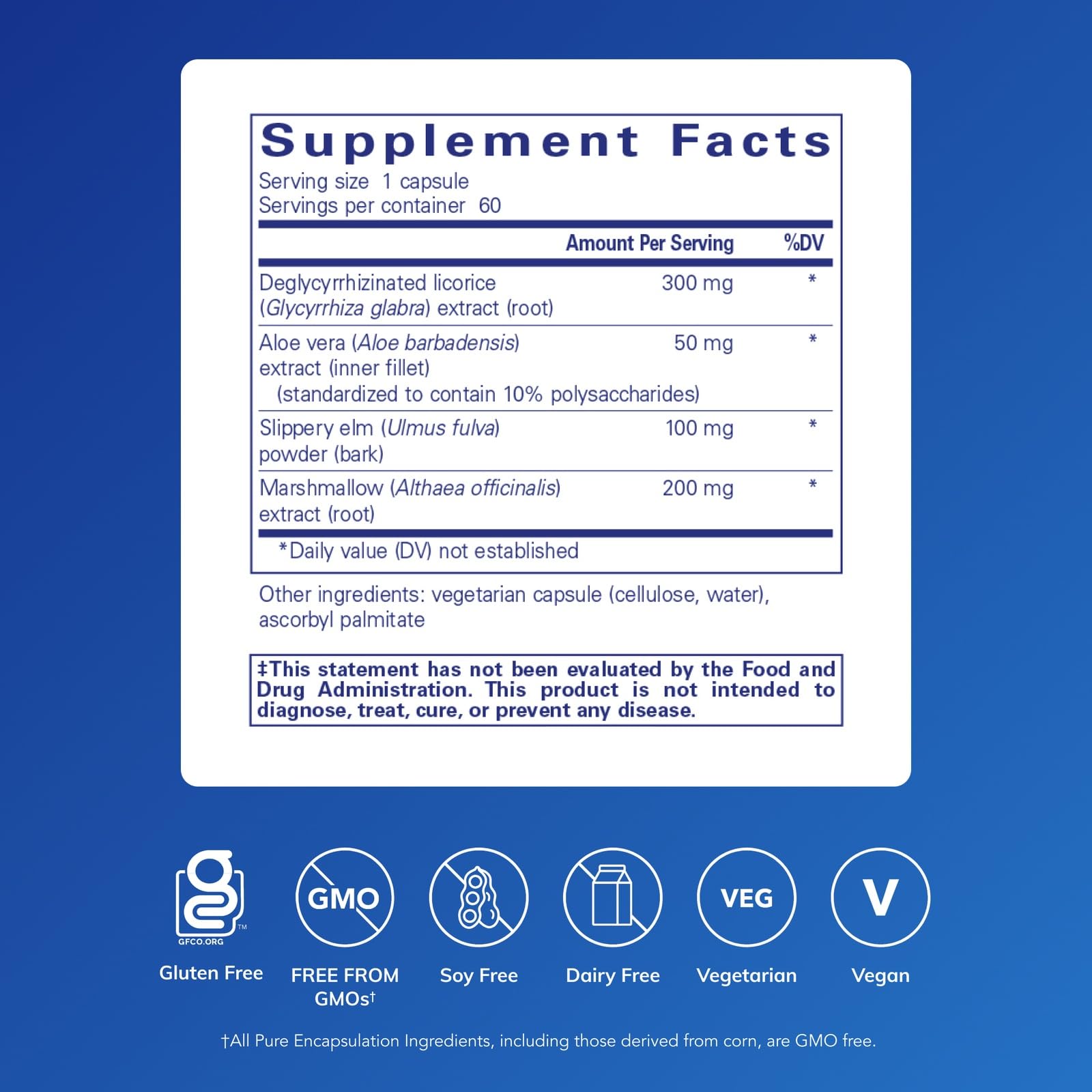 Pure Encapsulations DGL Plus, ingrédients herbeux, soutien potentiel au bien-être digestif.