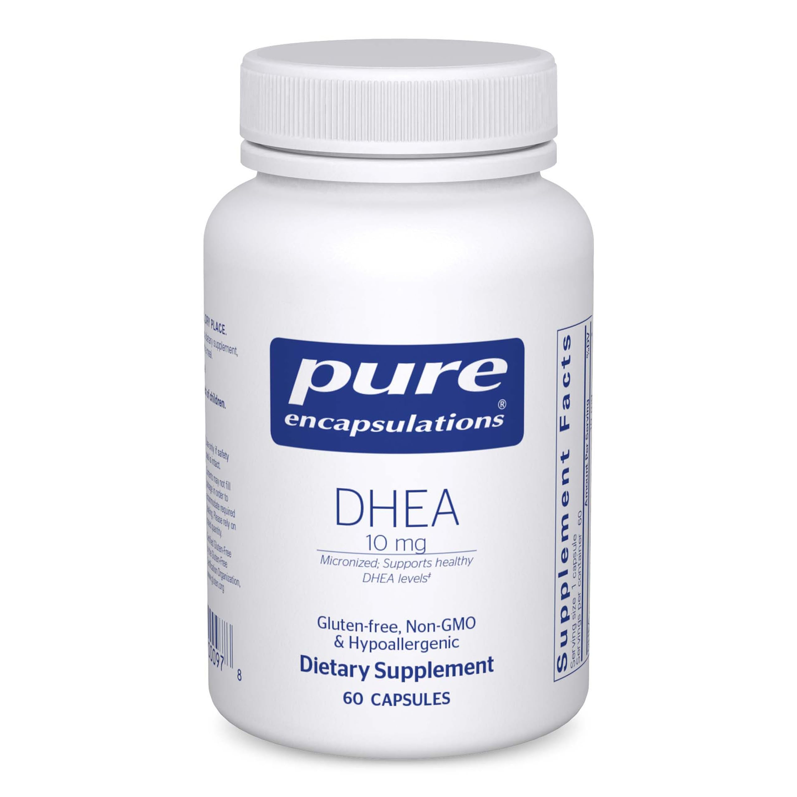 Pure Encapsulations DHEA 10 mg flacon et gélules, soutien hormonal potentiel.