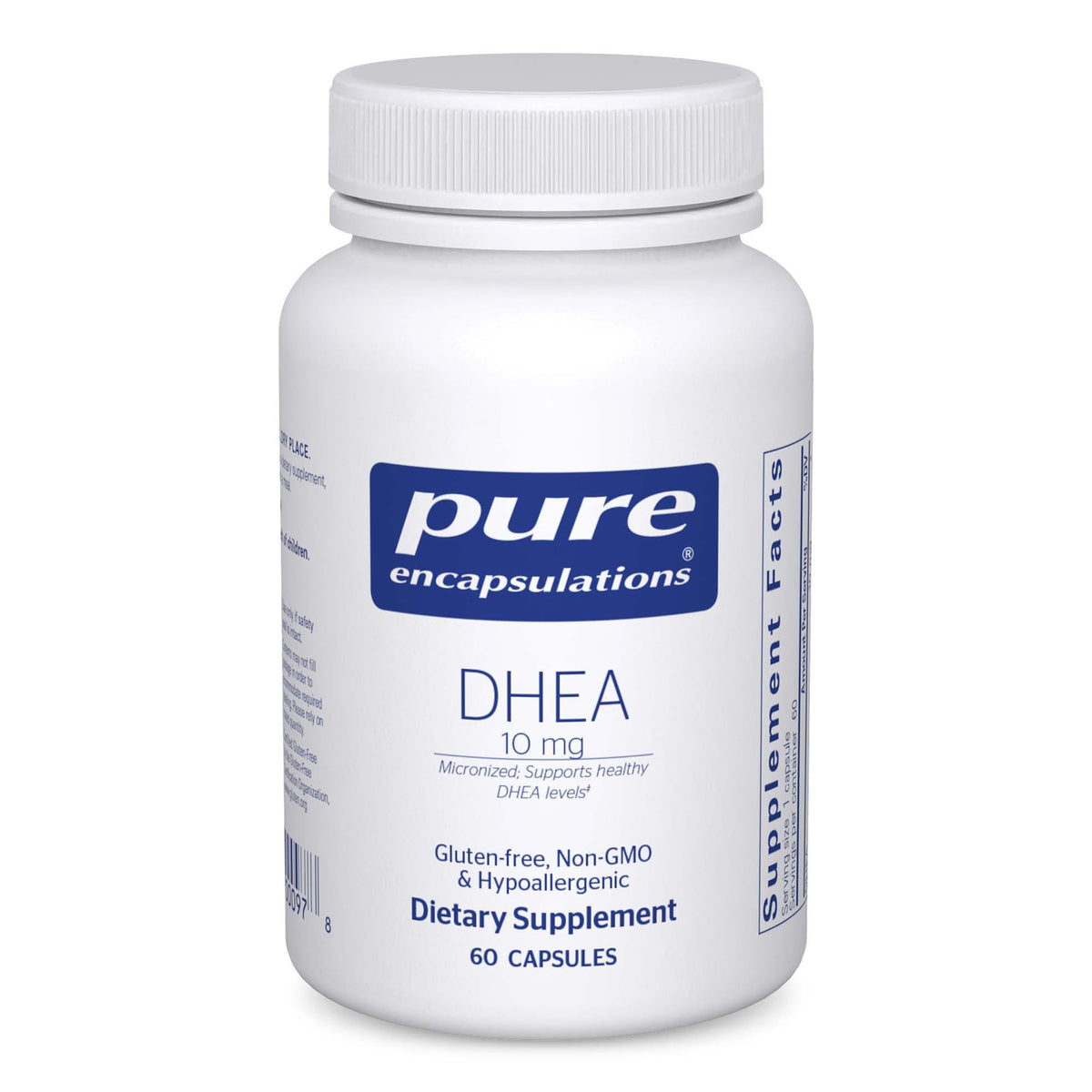 Pure Encapsulations DHEA 10 mg flacon et gélules, soutien hormonal potentiel.