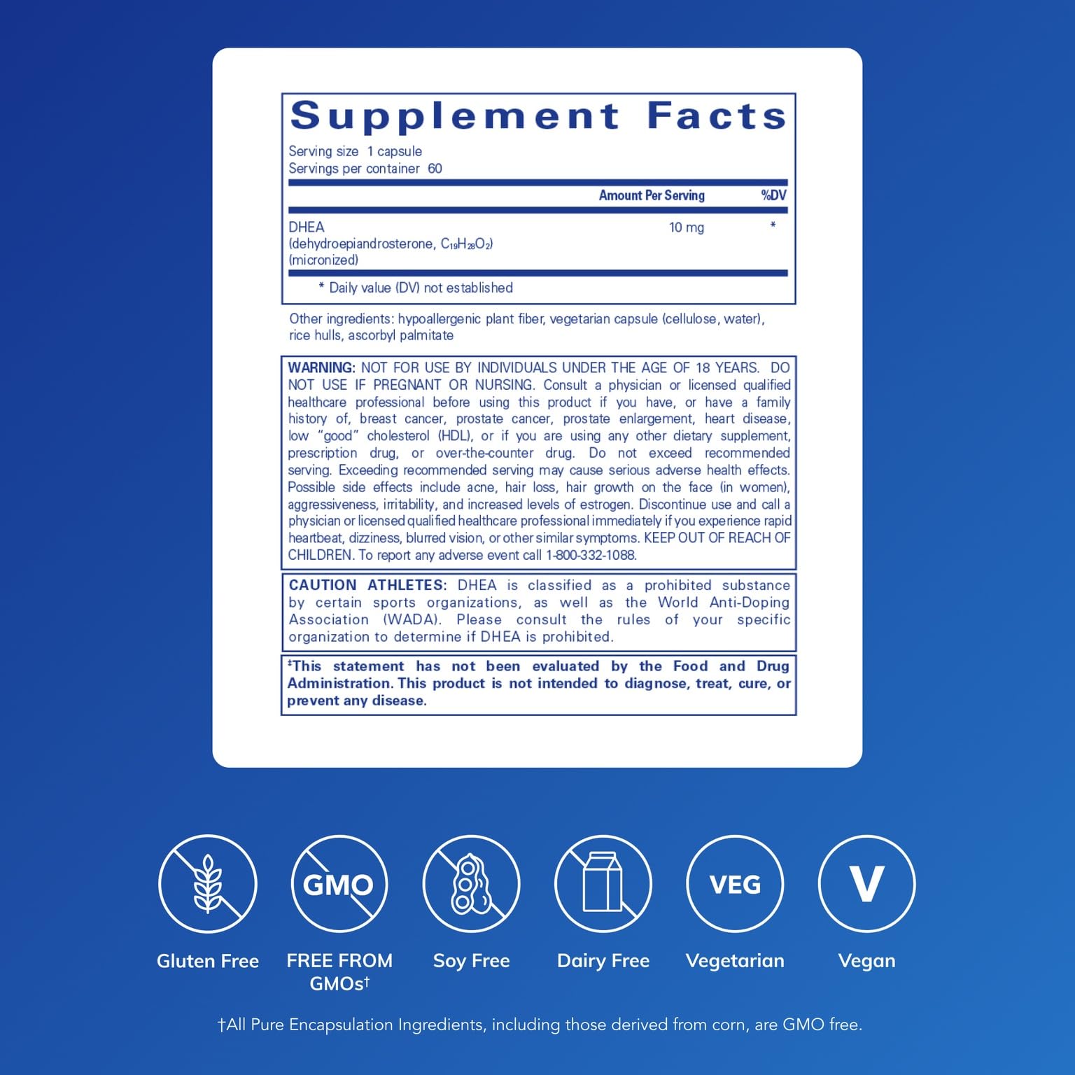 Pure Encapsulations DHEA 10 mg gélules visibles, absorption potentielle améliorée.