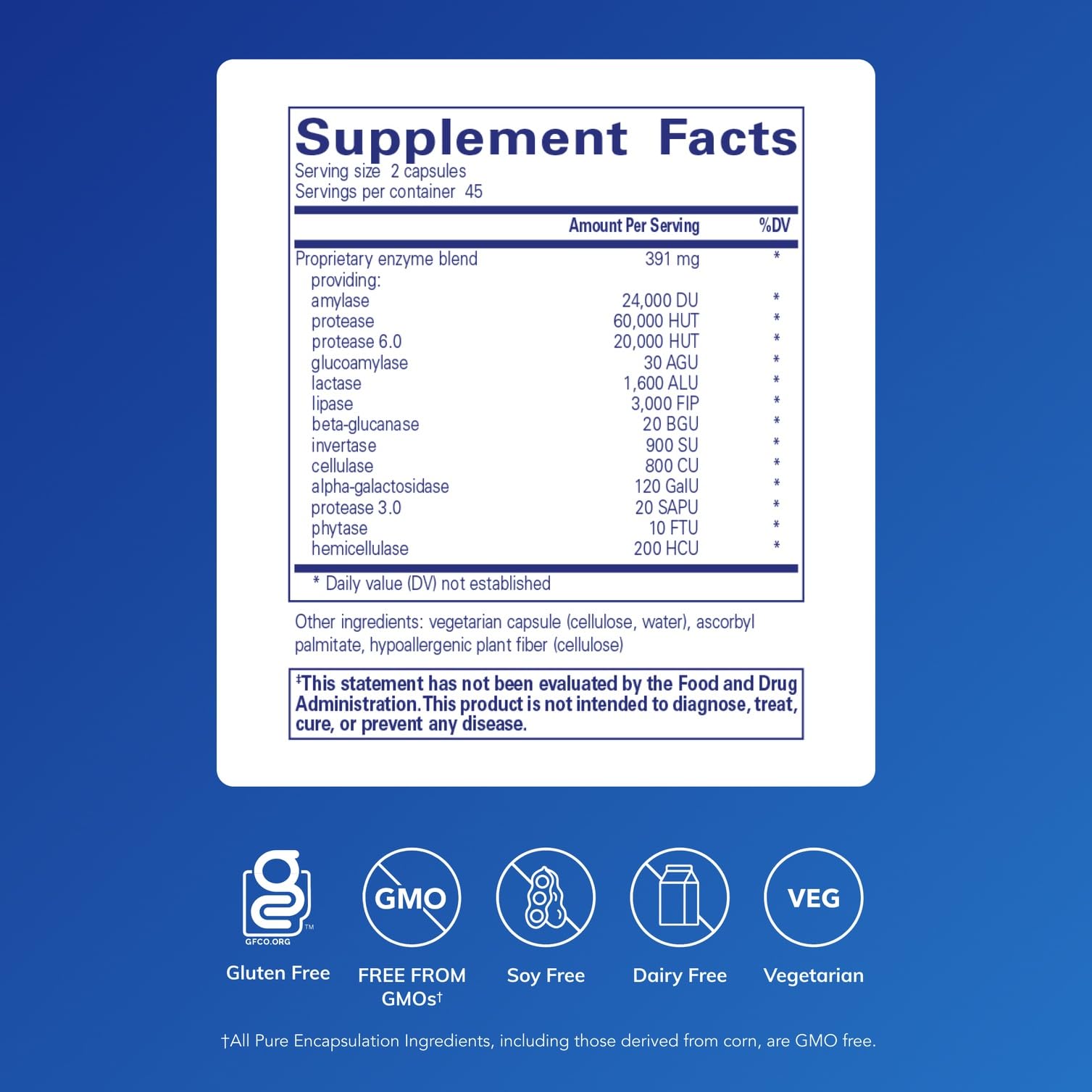 Pure Encapsulations Digestive Enzymes Ultra, capsules végétariennes visibles, soutiennent les protéines et les glucides.