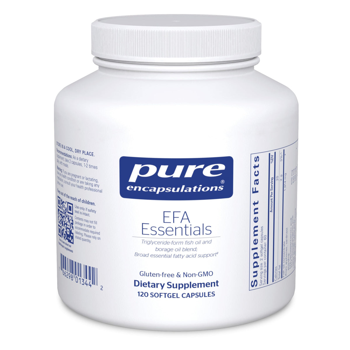 Pure Encapsulations EFA Essentials : bouteille de gélules soutenant l'hydratation oculaire potentielle.