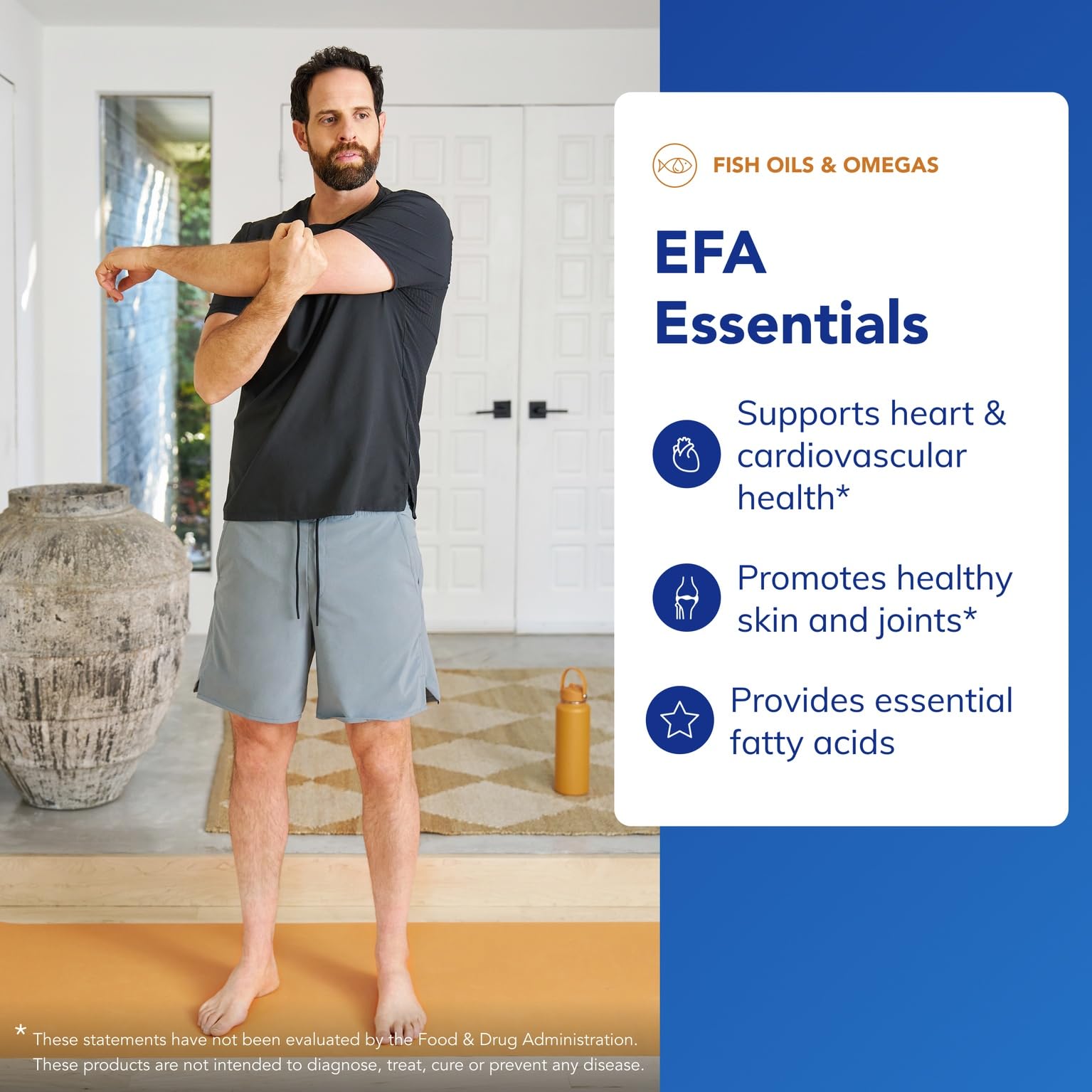 Pure Encapsulations EFA Essentials : emballage clair indiquant ingrédients et utilisations possibles pour la peau.