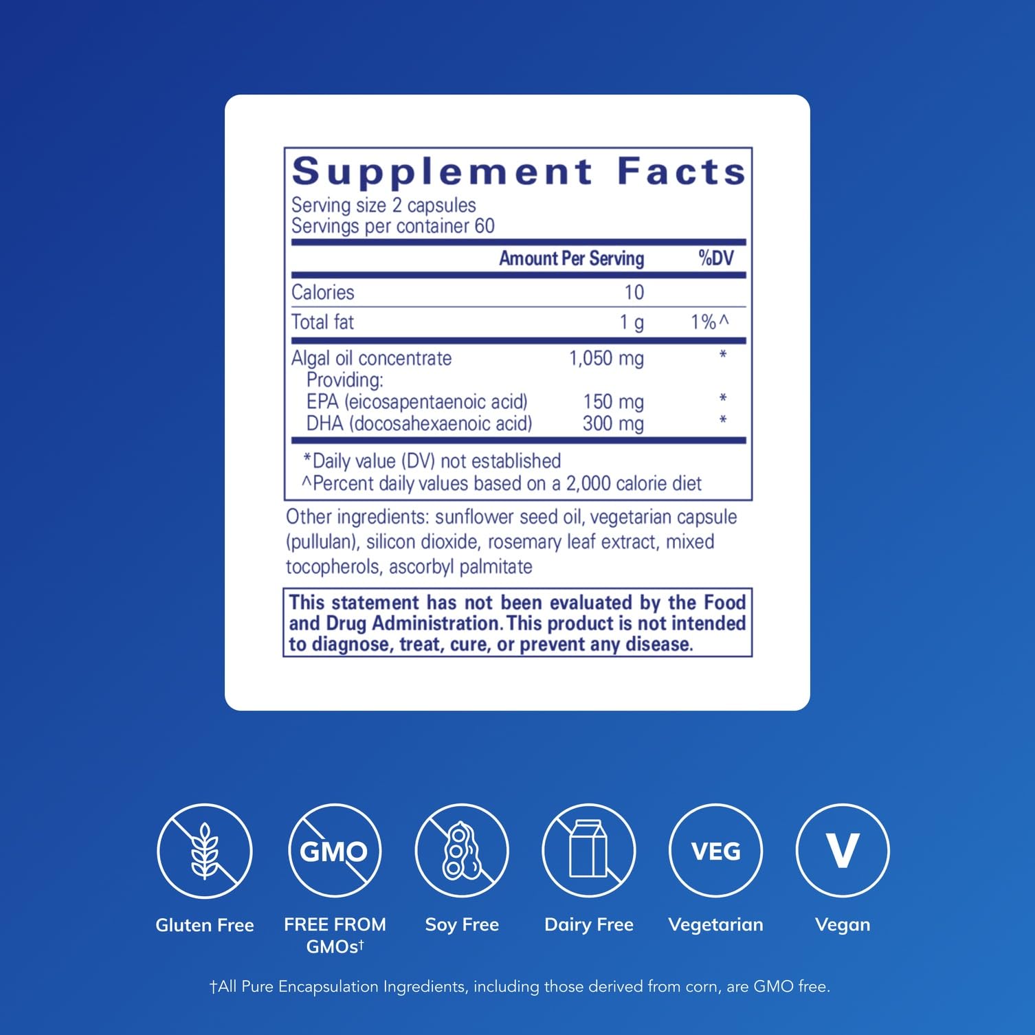 Capsules EPA/DHA d’algues Pure Encapsulations, origine végétale et usage quotidien.