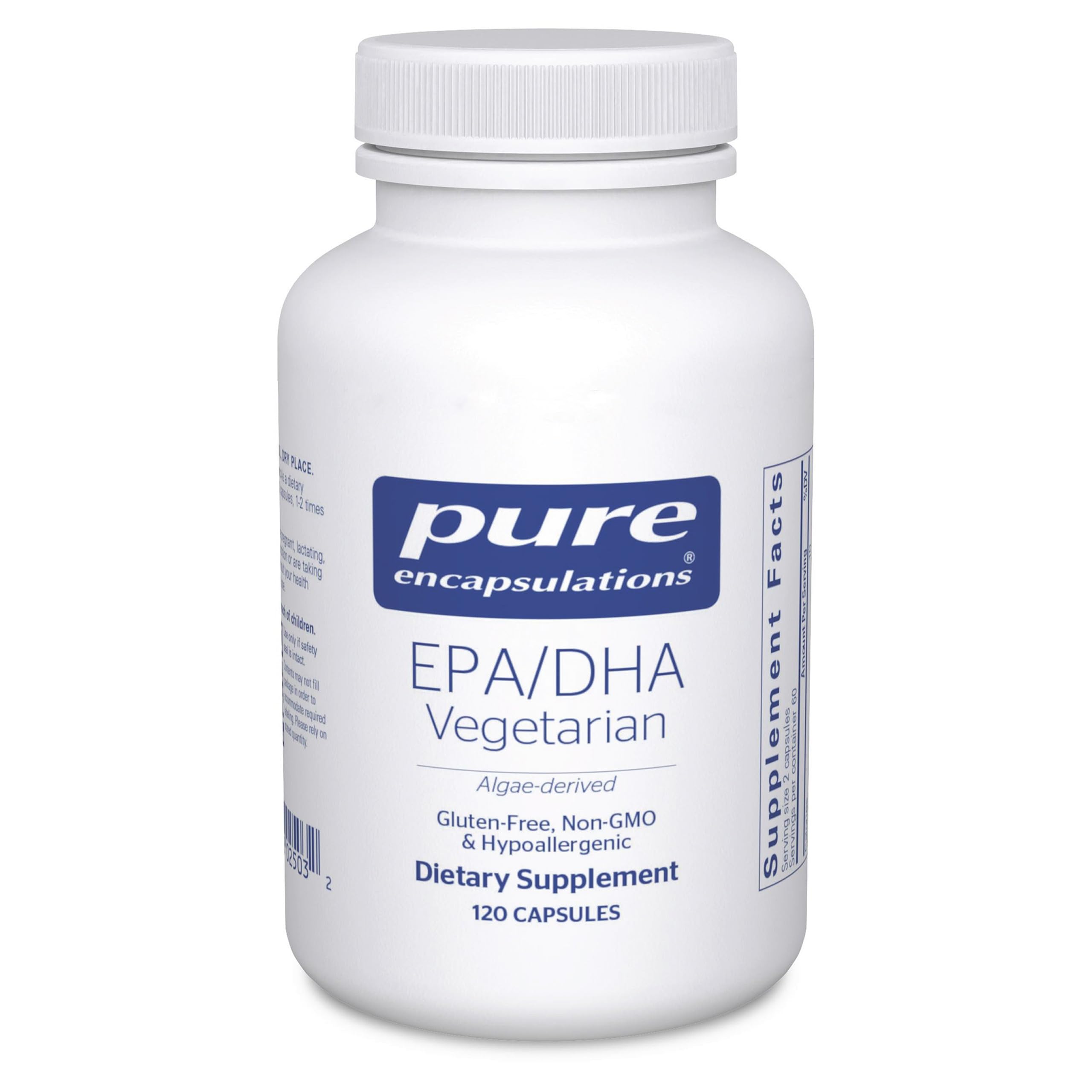 Bouteille Pure Encapsulations EPA/DHA végan montrant les capsules et la marque, soutien potentiel au bien-être.