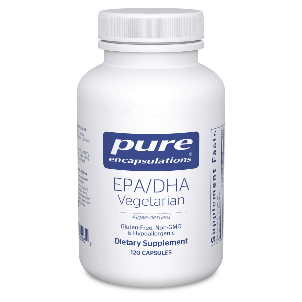 Bouteille Pure Encapsulations EPA/DHA végan montrant les capsules et la marque, soutien potentiel au bien-être.