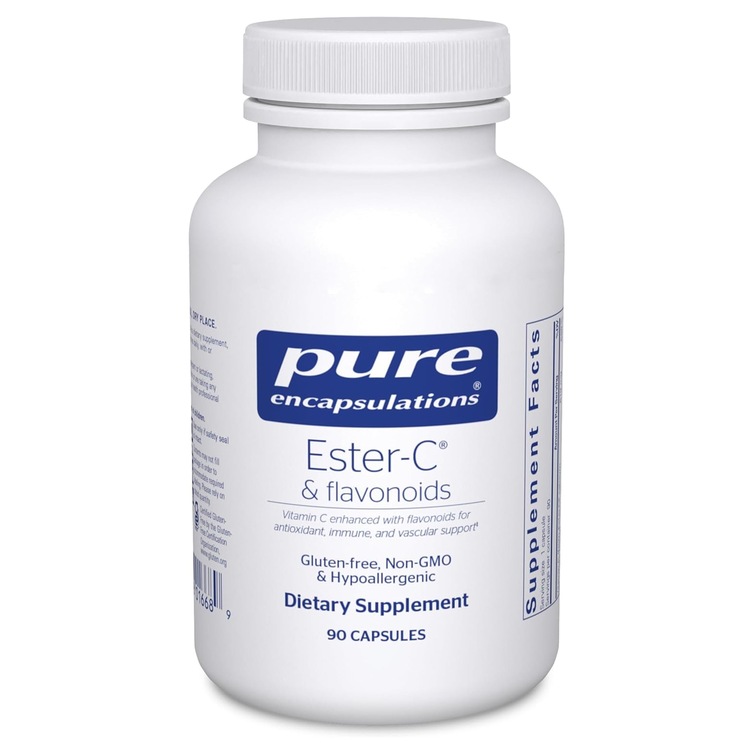 Bouteille Pure Encapsulations Ester-C et Flavonoïdes montrant l’étiquette et le dosage.