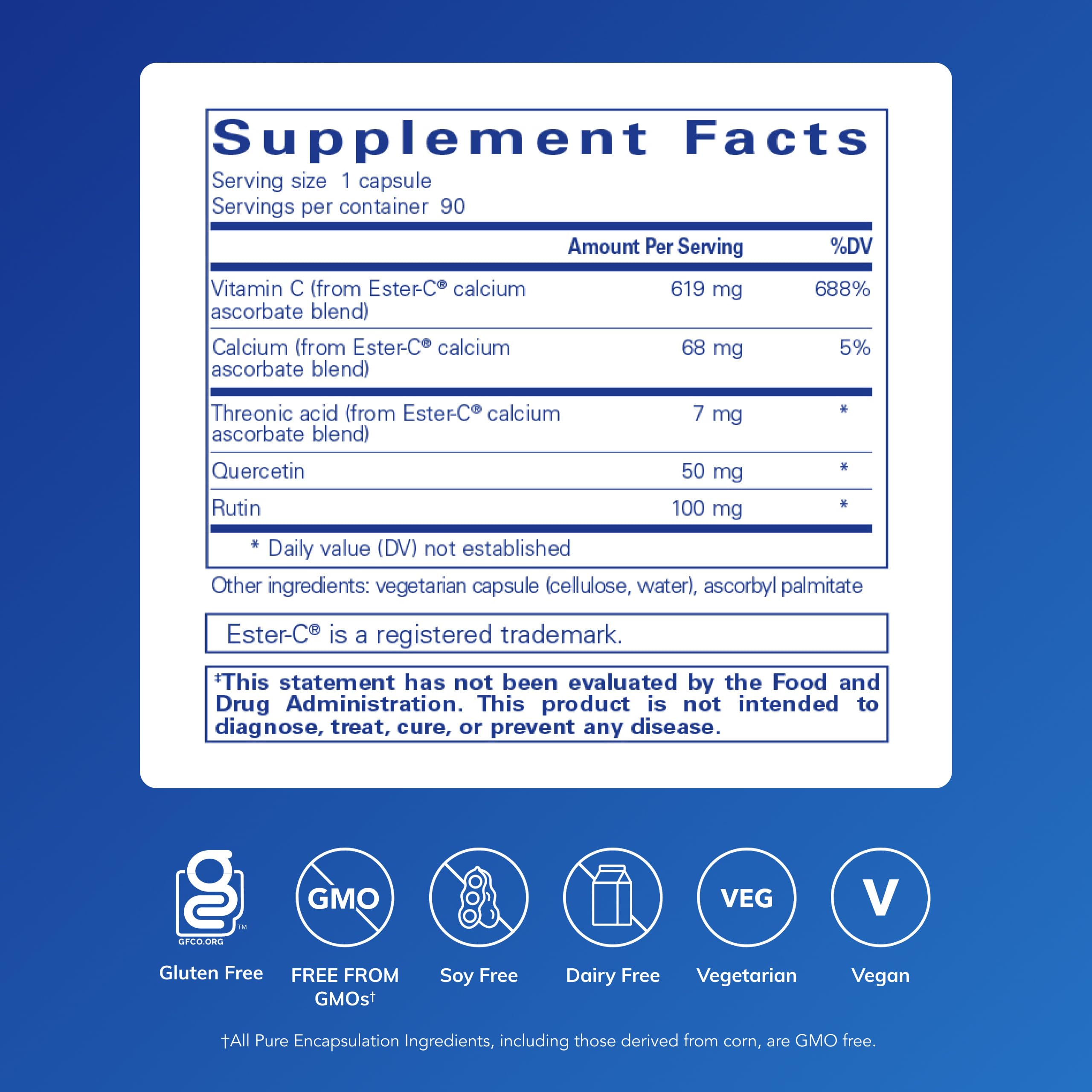 Gélules Pure Encapsulations Ester-C et Flavonoïdes en présentation pratique.