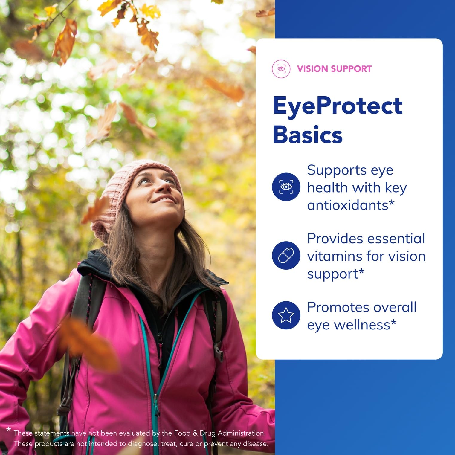 Étiquette EyeProtect Basics affiche clairement les ingrédients clés et les bénéfices visuels