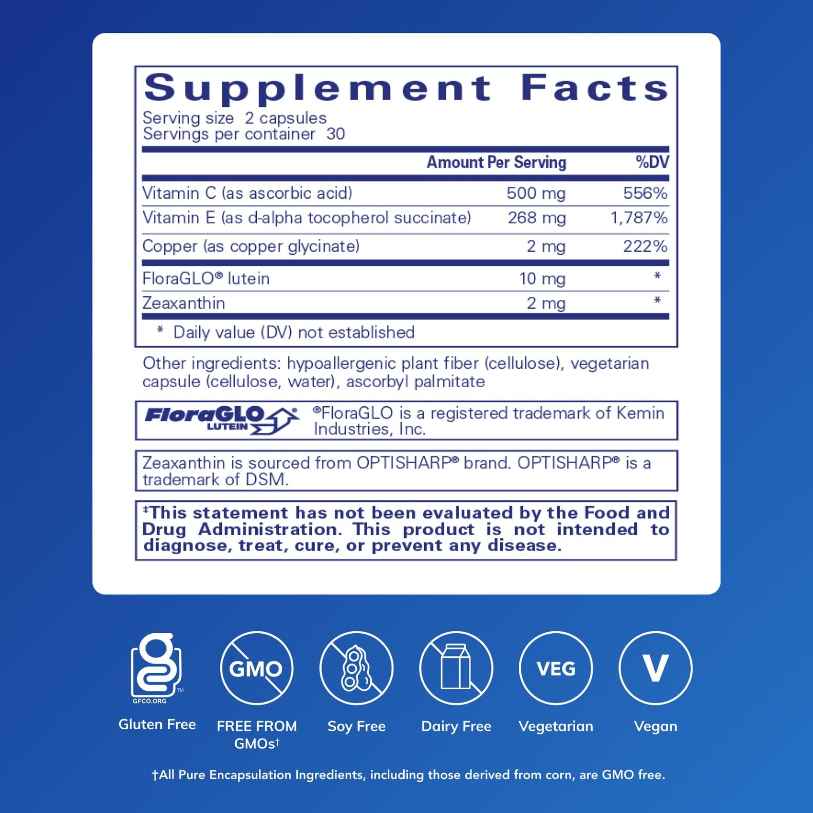 Pure Encapsulations EyeProtect Basics sans zinc : étiquette lisible avec conseils d’utilisation.