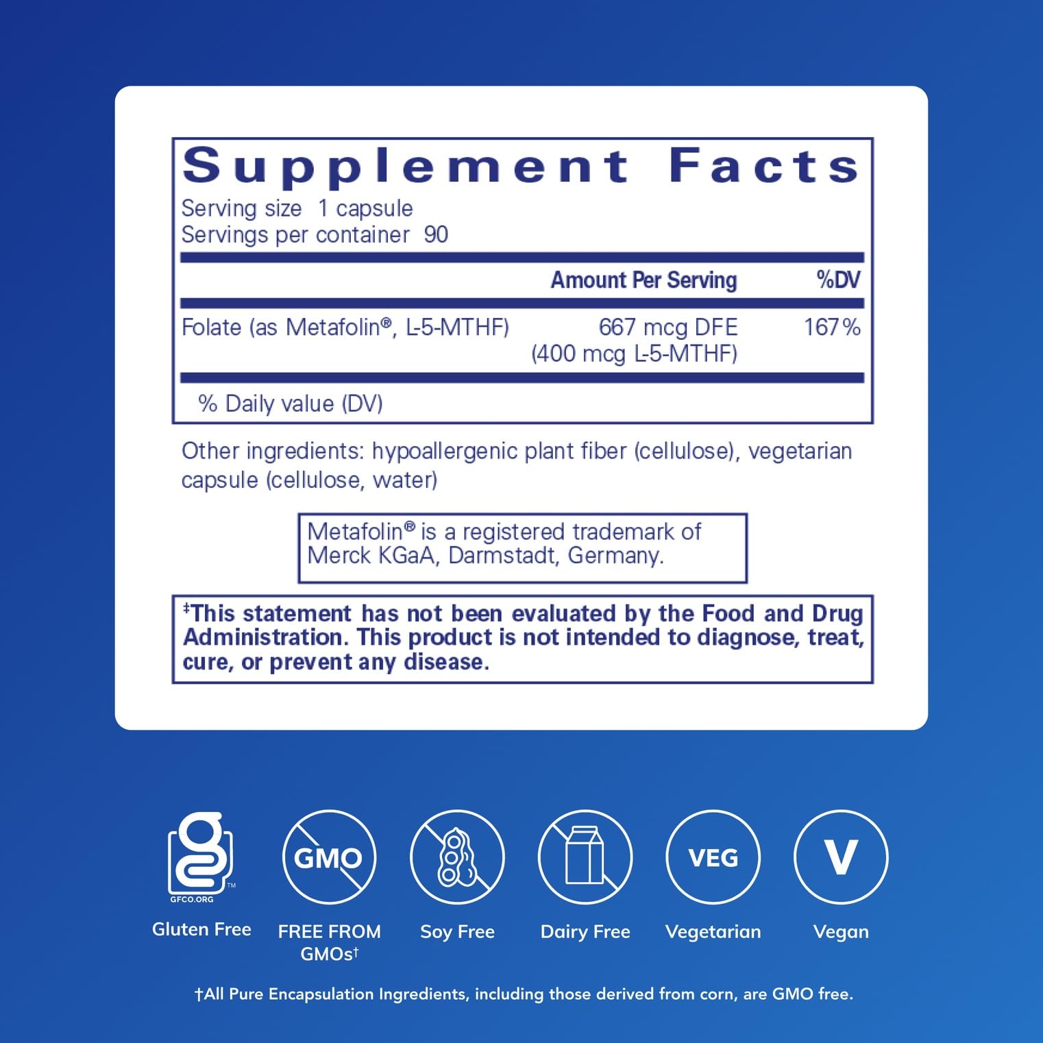 Pure Encapsulations Folate 400 Metafolin – capsules faciles à avaler