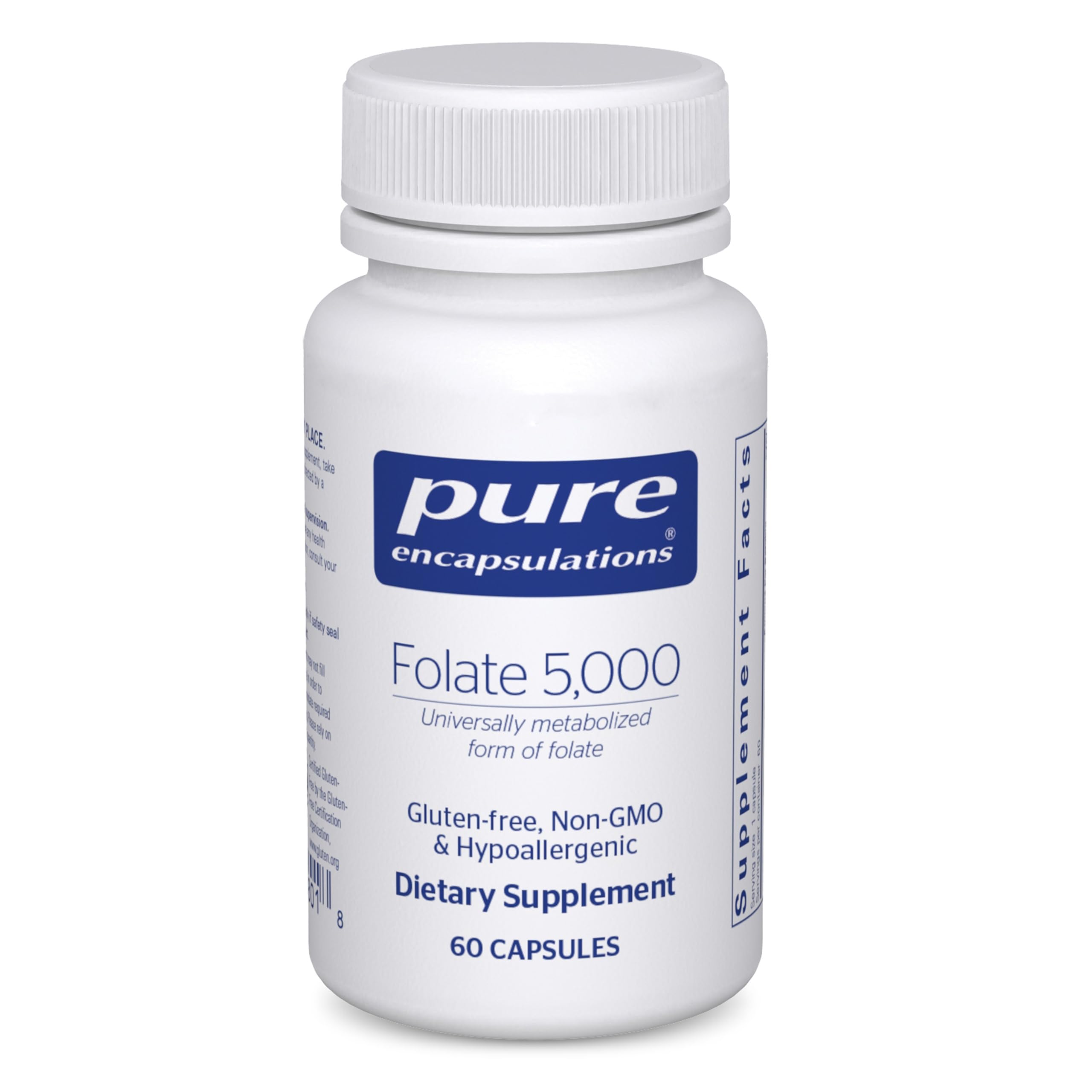Pure Encapsulations Folate 5,000: bouteille montrant le format pratique pour une routine quotidienne