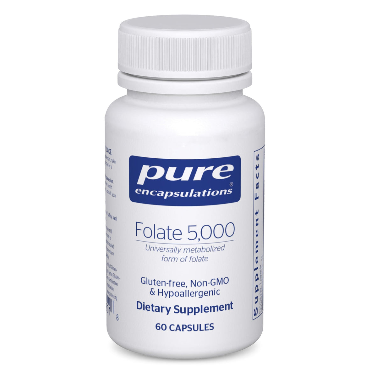 Pure Encapsulations Folate 5,000: bouteille montrant le format pratique pour une routine quotidienne