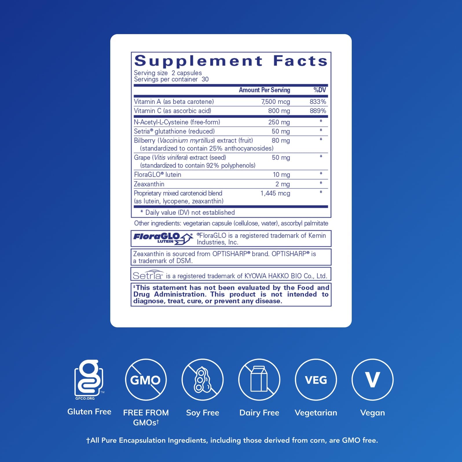 Pure Encapsulations Formule Soutien Maculaire – étiquette: composition claire des antioxydants