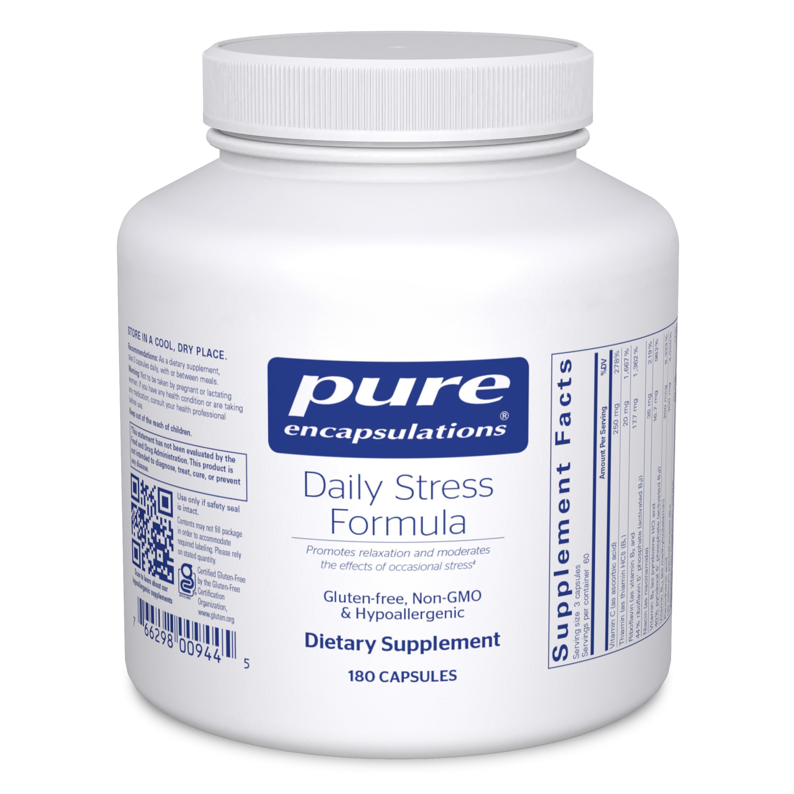 Pure Encapsulations Formule Stress Quotidien dans la bouteille, favorisant le calme potentiel.