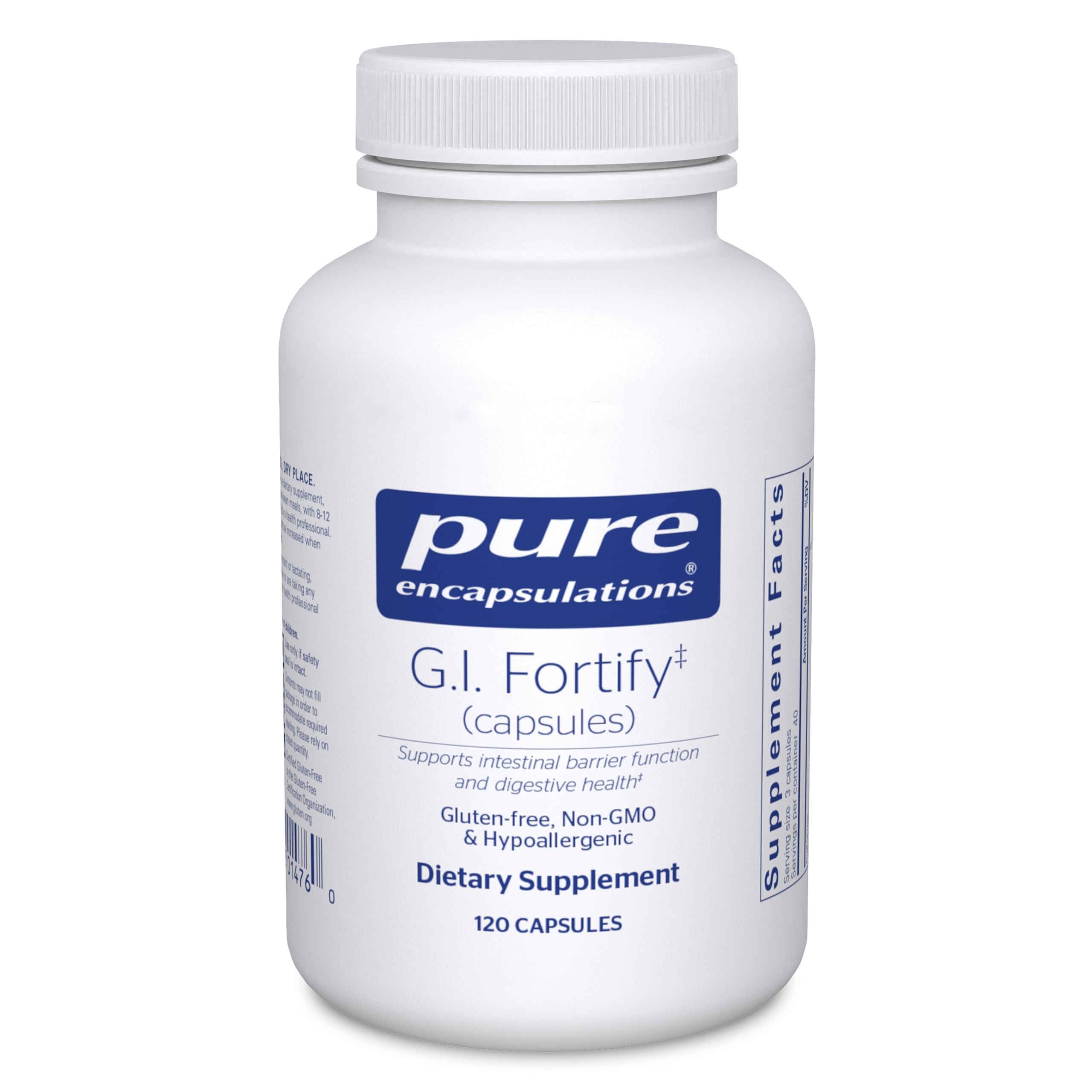 Pure Encapsulations G.I. Fortify — bouteille sur plan de travail, soutien possible du transit intestinal.