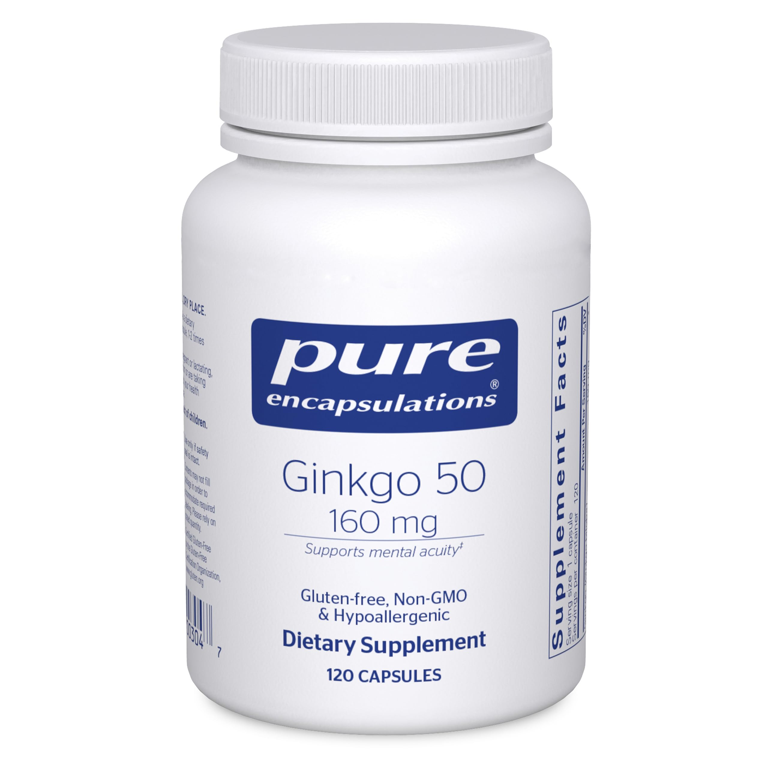 Pure Encapsulations Ginkgo 50: bouteille de capsules, soutien potentiel à la circulation cérébrale.