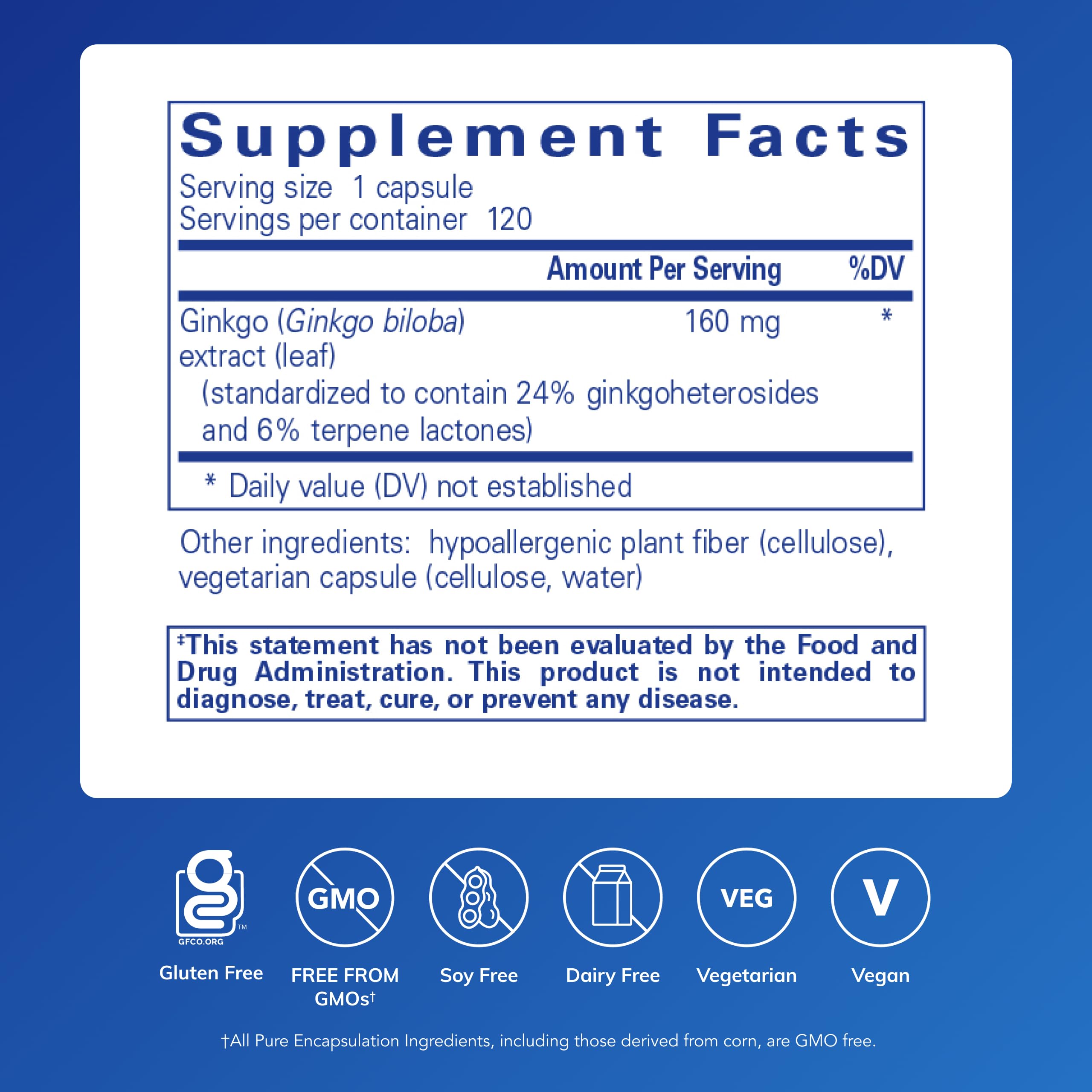 Pure Encapsulations Ginkgo 50: etiquette produit, garantie sans allergènes et additifs.