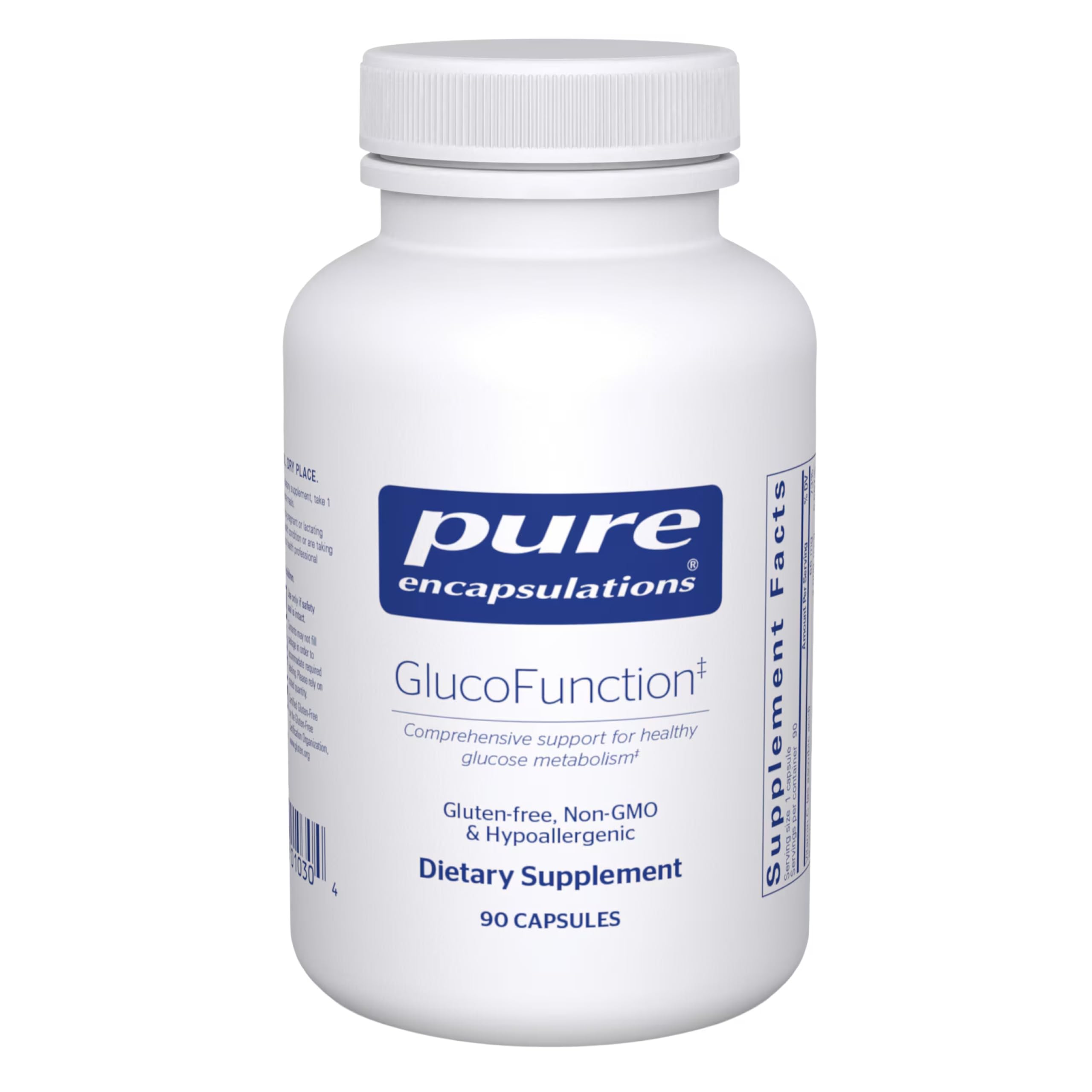 GlucoFunction Pure Encapsulations – bouteille visible et potentiel soutien glucides