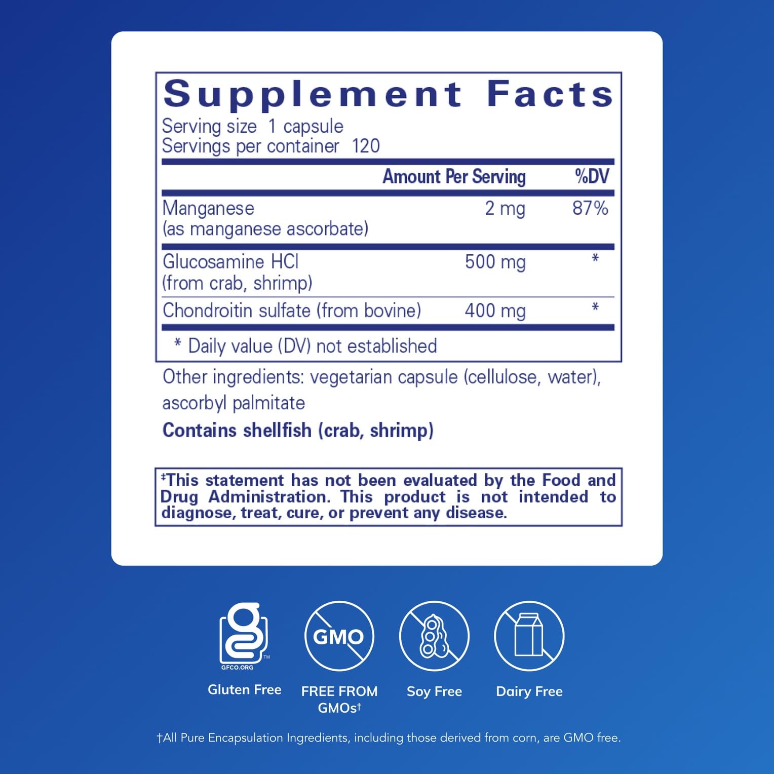 Pure Encapsulations Glucosamine-Chondroïtine manganèse - etiquette du produit mettant en avant la qualité.