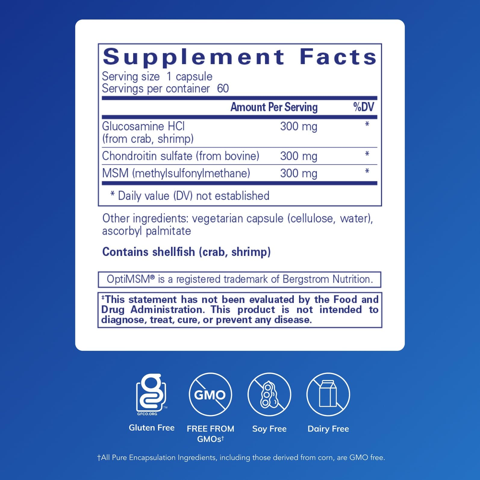 Pure Encapsulations: boite avec gélules glucosamine-chondroitine-MSM, utilisation quotidienne.