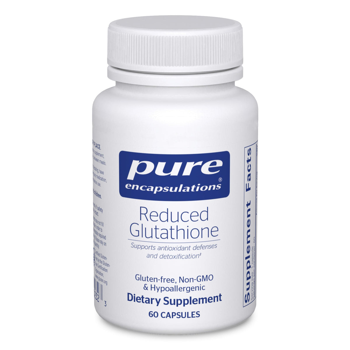 Pure Encapsulations Glutathion Réduit — détail de la bouteille et qualité garantie.