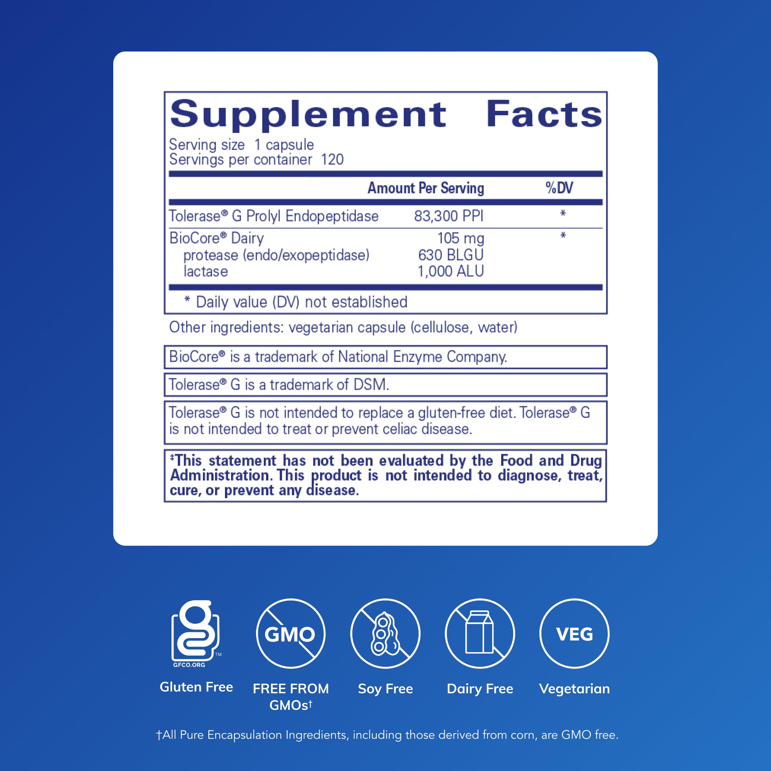 Pure Encapsulations Gluten/Dairy Digest: capsules visibles, favorisent une digestion potentielle du gluten et lactose.