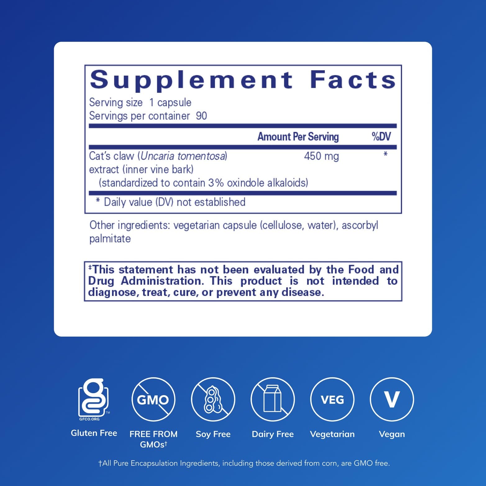 Pure Encapsulations Cat's Claw – Étiquette : information claire et pureté garantie.