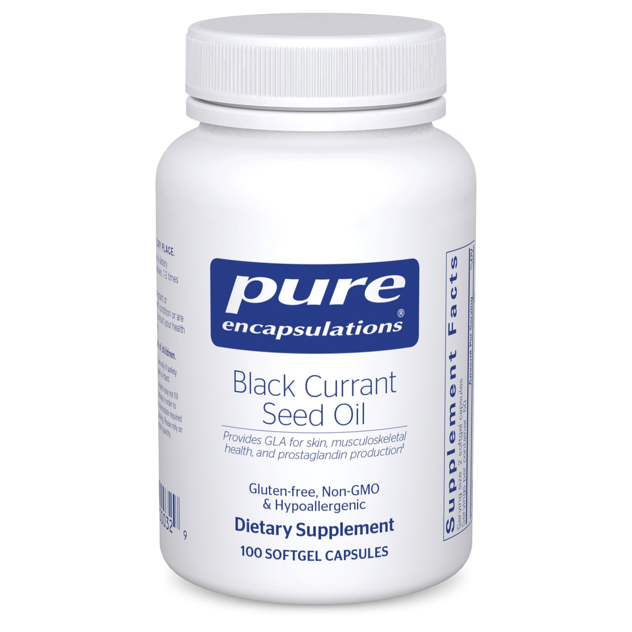 Pure Encapsulations huile cassis, bouteille et gélules molles soutenant le confort articulaire potentiel.