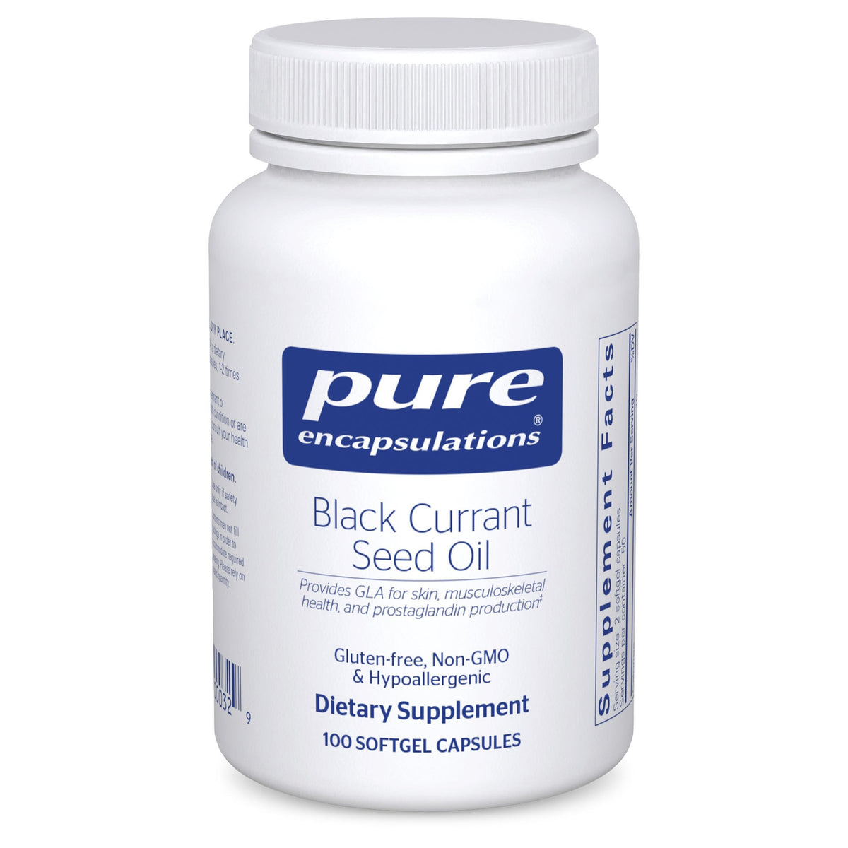 Pure Encapsulations huile cassis, bouteille et gélules molles soutenant le confort articulaire potentiel.