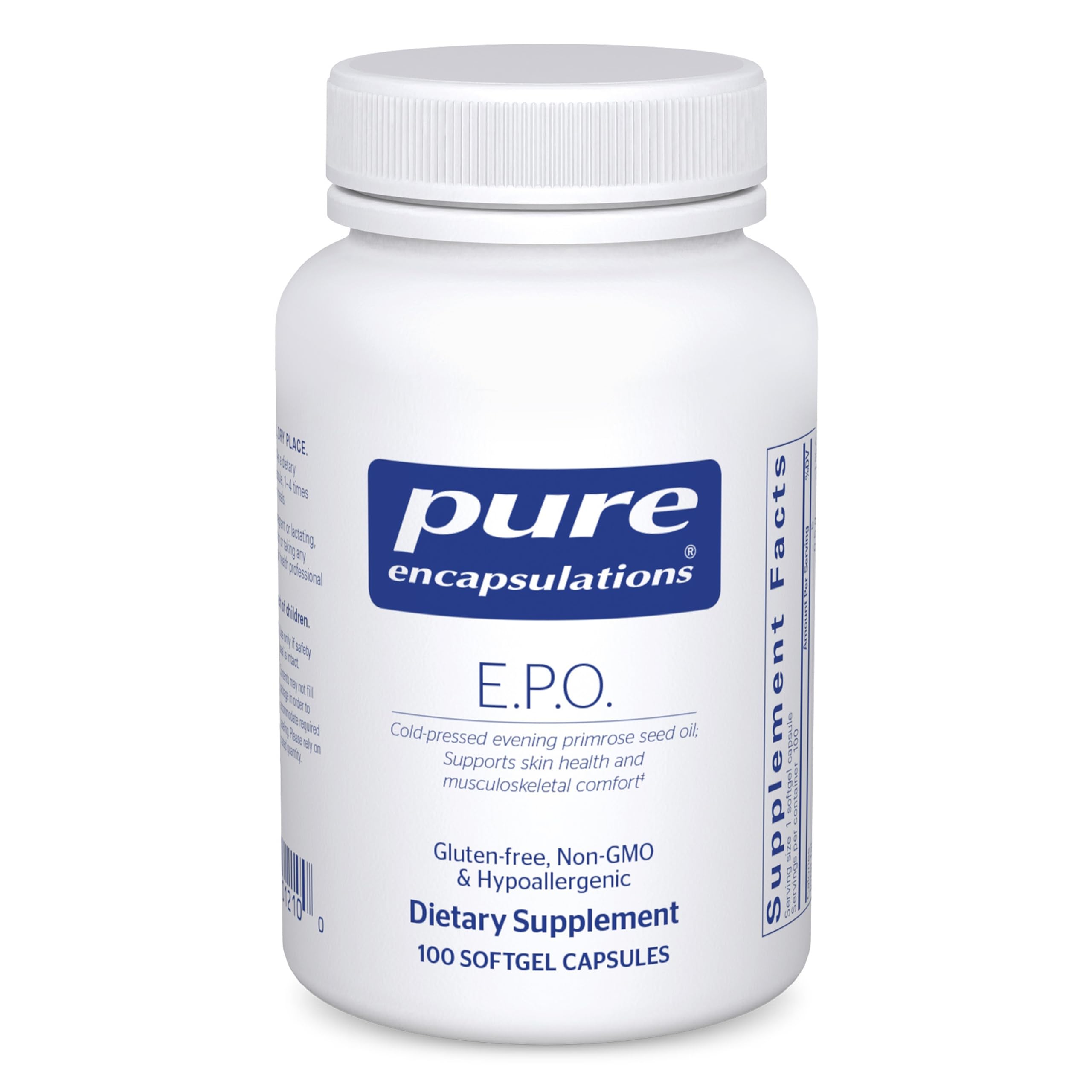 Pure Encapsulations E.P.O. huile d’onagre softgel, flacon montrant une peau saine potentielle.