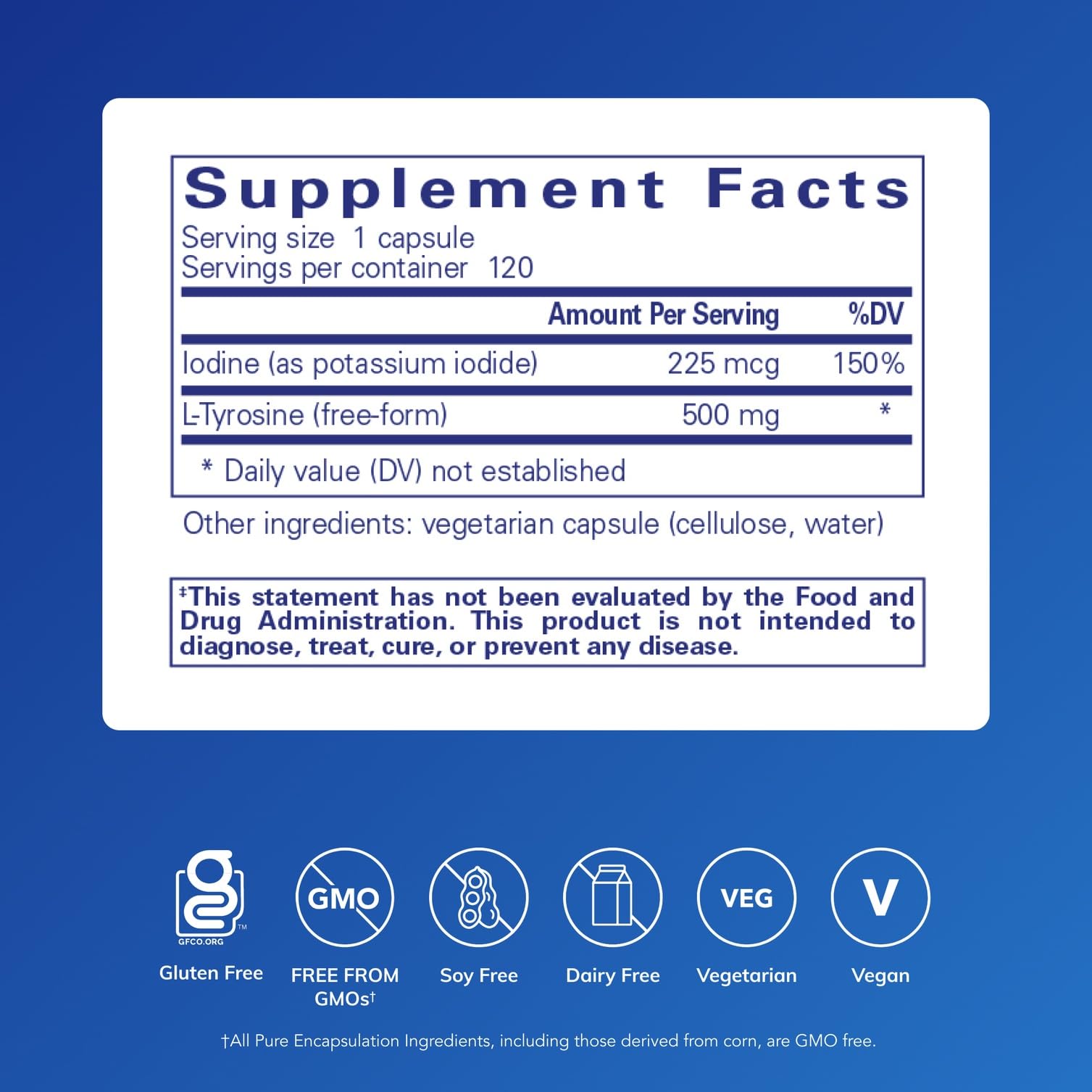 Capsules Pure Encapsulations Iode Tyrosine, formulation hypoallergenique pour routine bien-être.