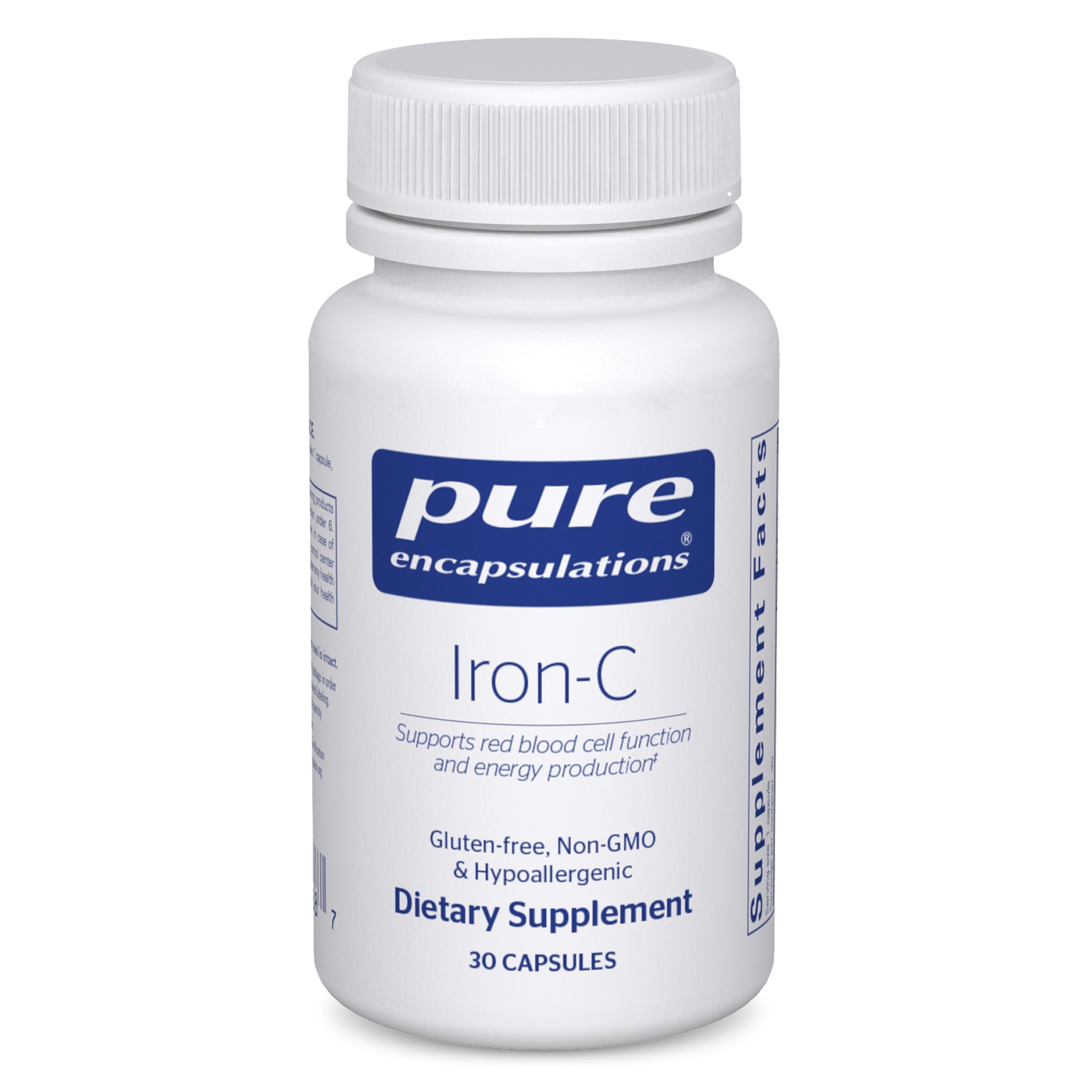 Pure Encapsulations Iron-C: bouteille claire et capsules faciles à avaler, énergie au quotidien.