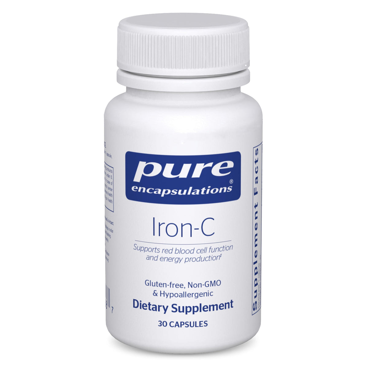 Pure Encapsulations Iron-C: bouteille claire et capsules faciles à avaler, énergie au quotidien.