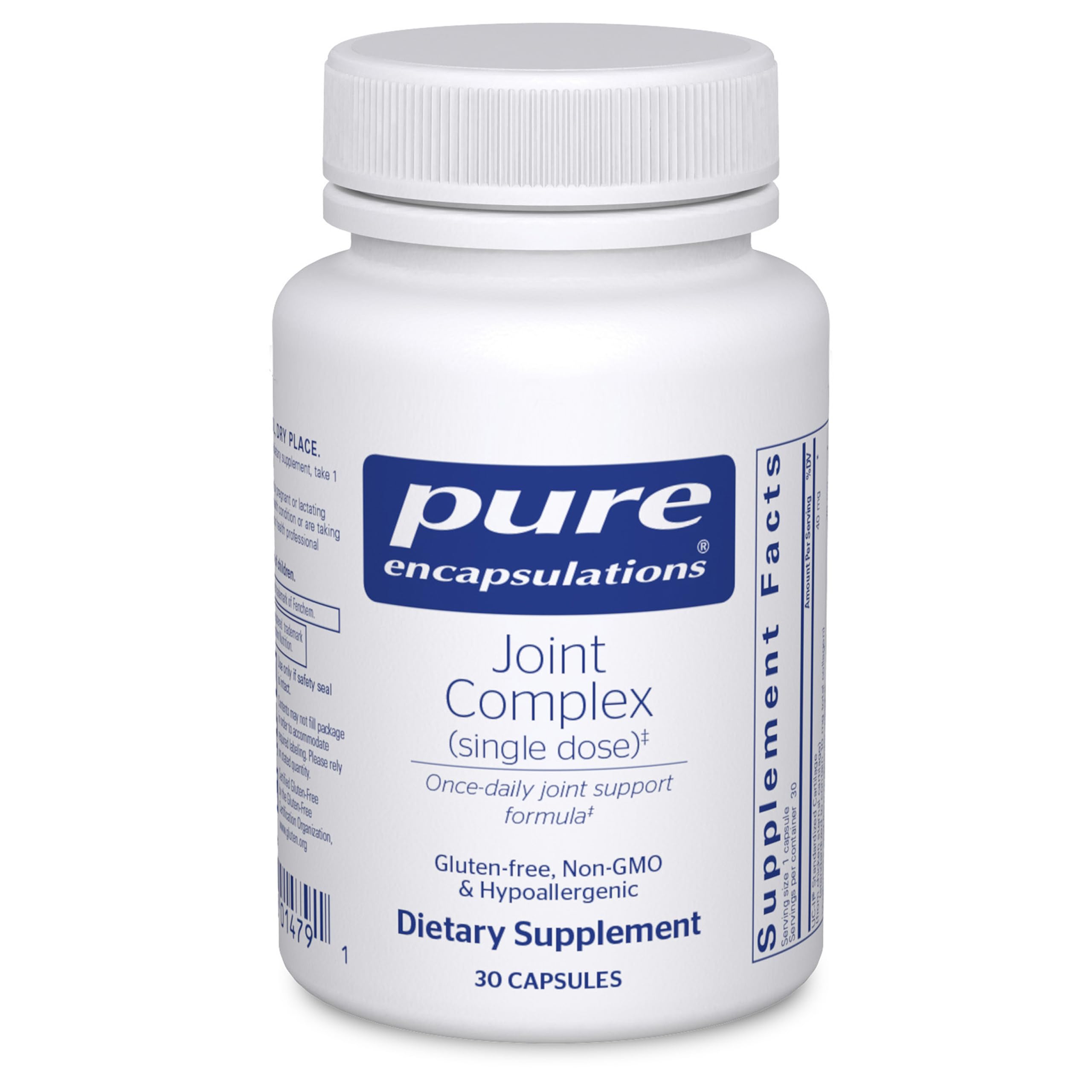 Pure Encapsulations Joint Complex – bouteille montrant une dose unique pour soutenir la mobilité.