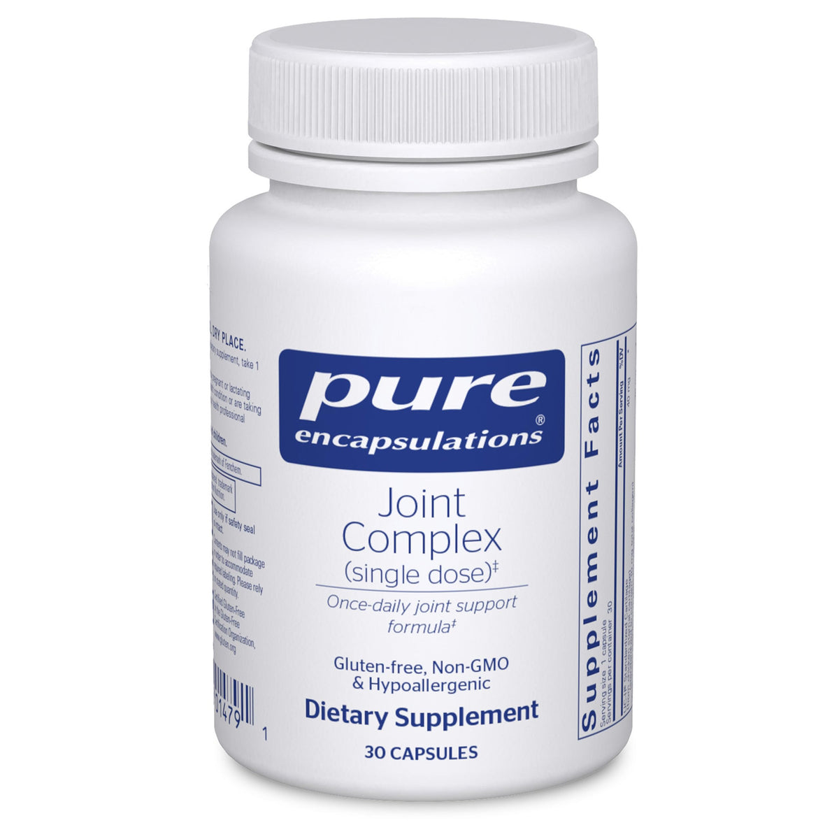 Pure Encapsulations Joint Complex – bouteille montrant une dose unique pour soutenir la mobilité.